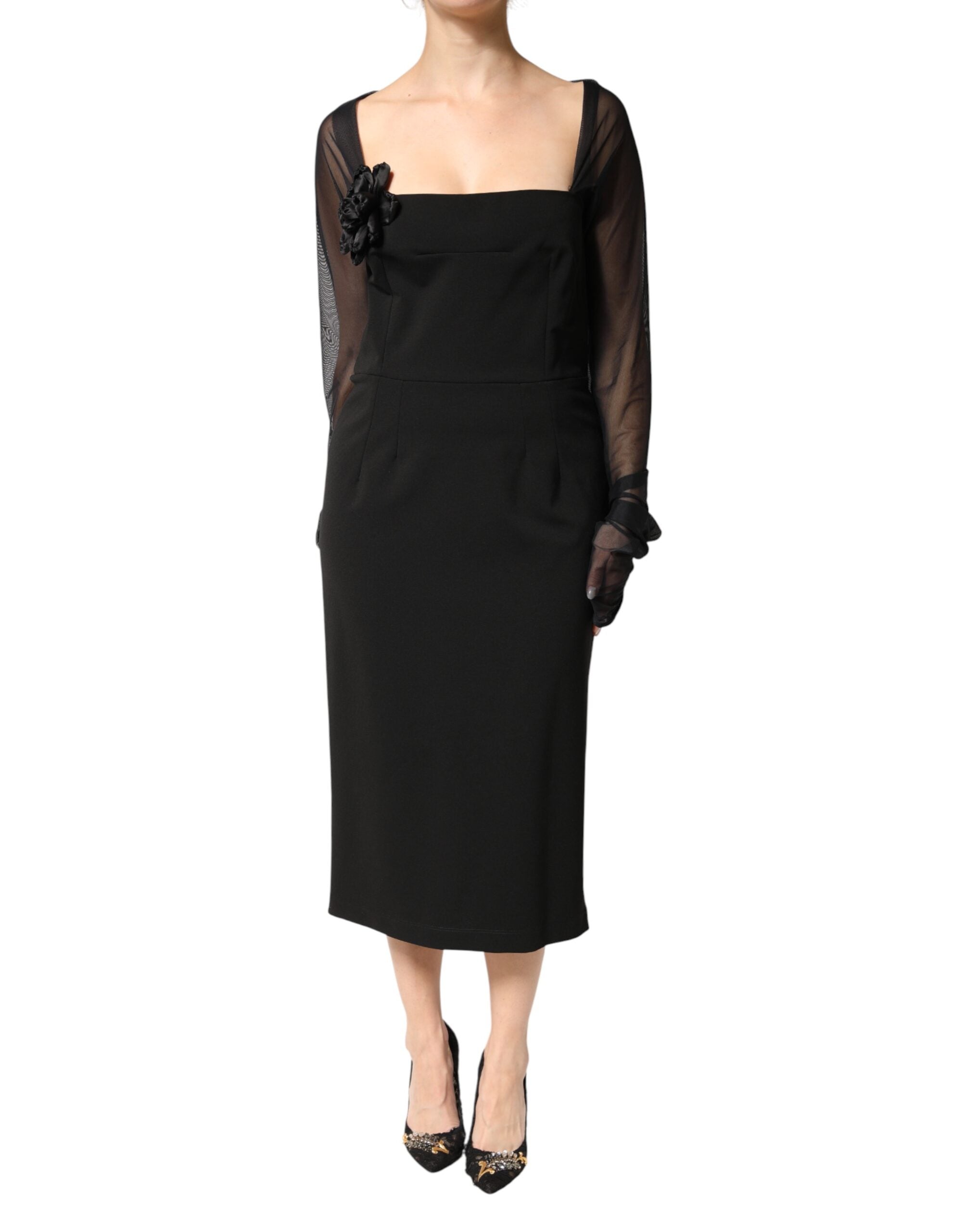 Dolce & Gabbana Black Midi Sheath Dress with Transparent Insert and Rosette Appliqué-2