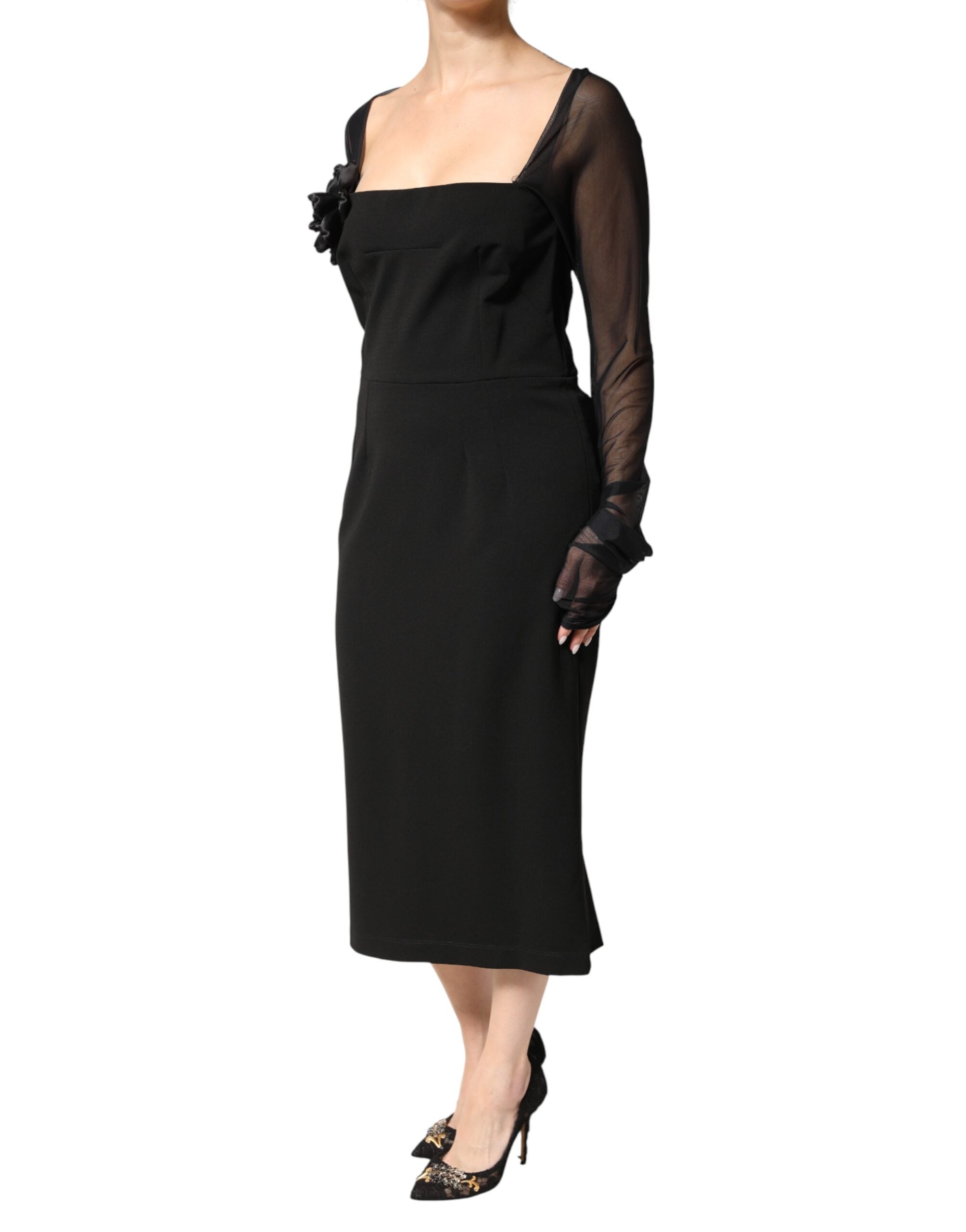 Dolce & Gabbana Black Midi Sheath Dress with Transparent Insert and Rosette Appliqué-3