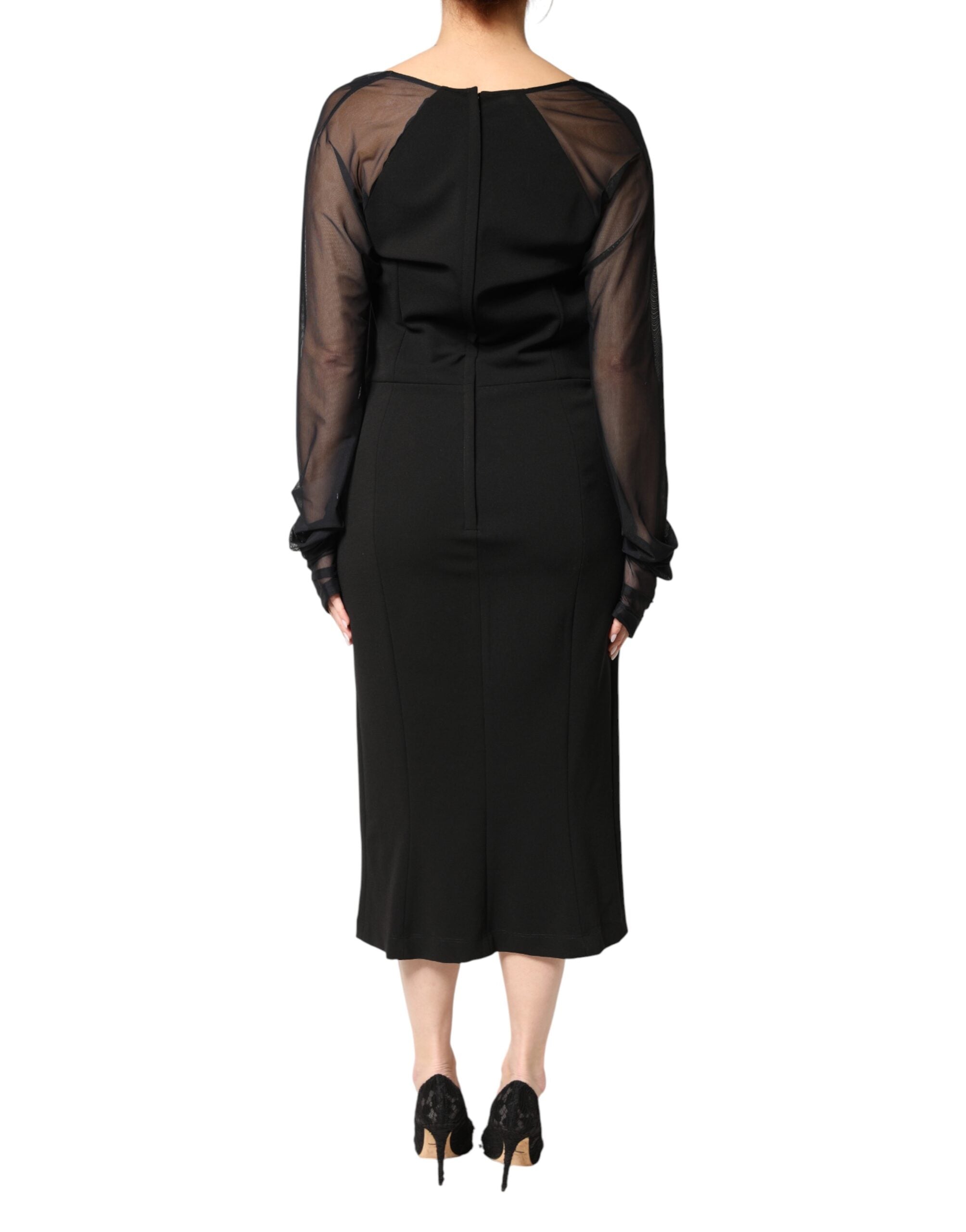Dolce & Gabbana Black Midi Sheath Dress with Transparent Insert and Rosette Appliqué-4