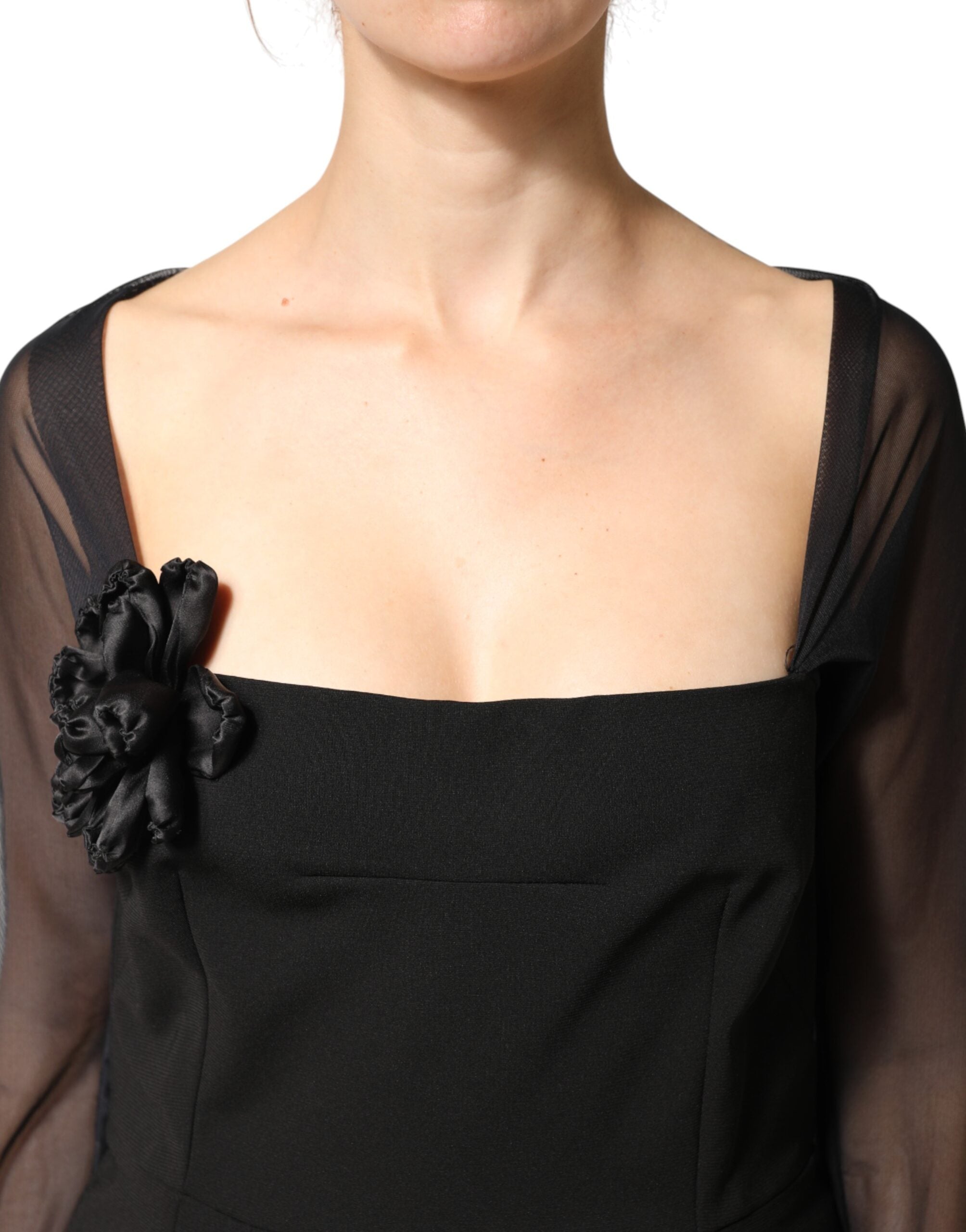 Dolce & Gabbana Black Midi Sheath Dress with Transparent Insert and Rosette Appliqué-5