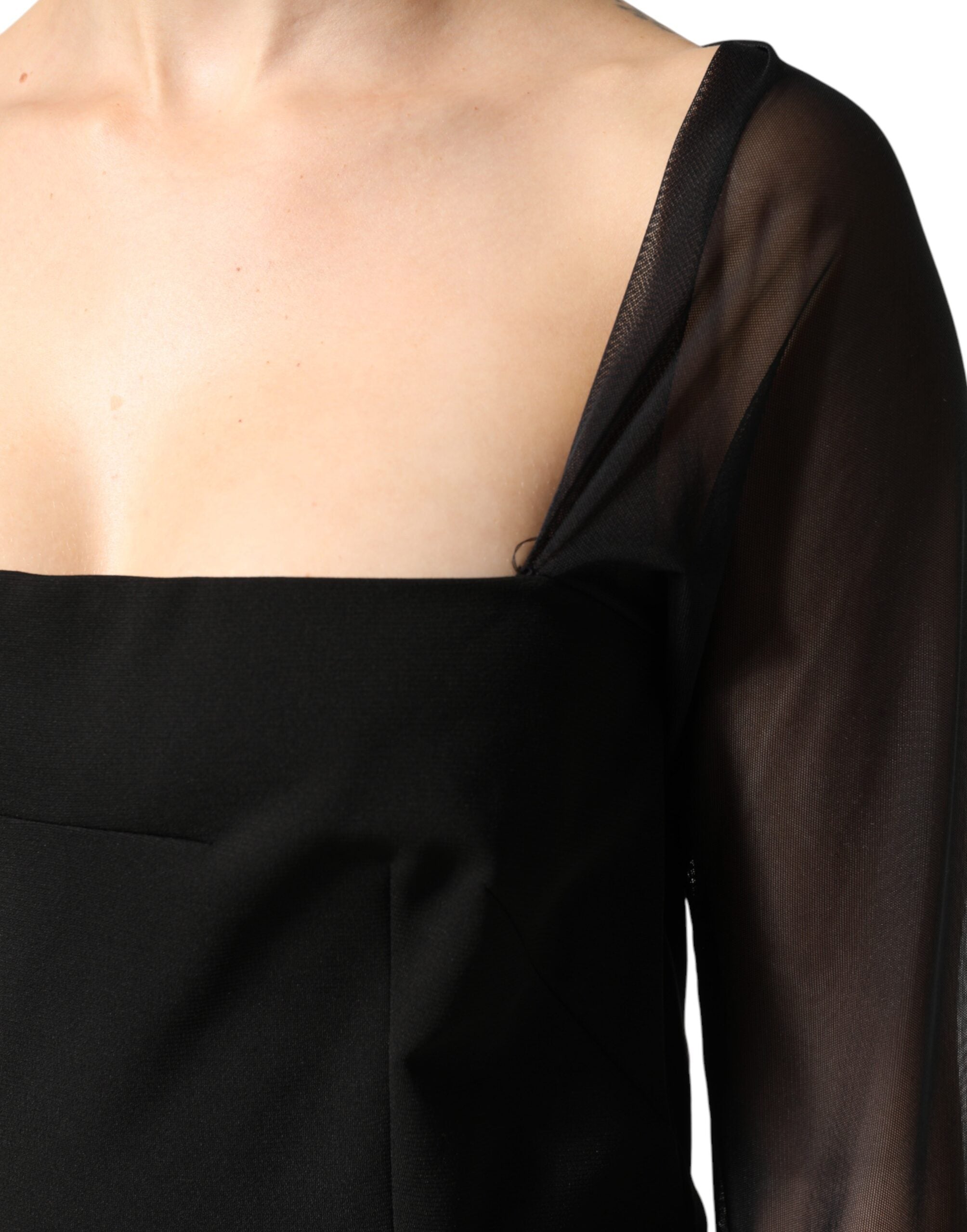 Dolce & Gabbana Black Midi Sheath Dress with Transparent Insert and Rosette Appliqué-6