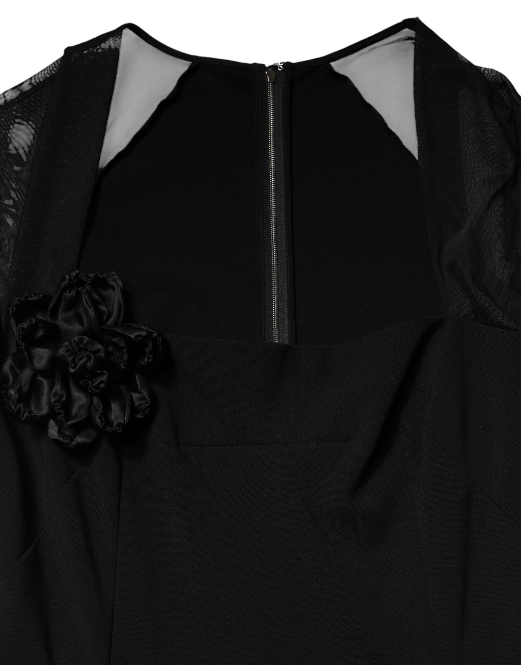 Dolce & Gabbana Black Midi Sheath Dress with Transparent Insert and Rosette Appliqué-7