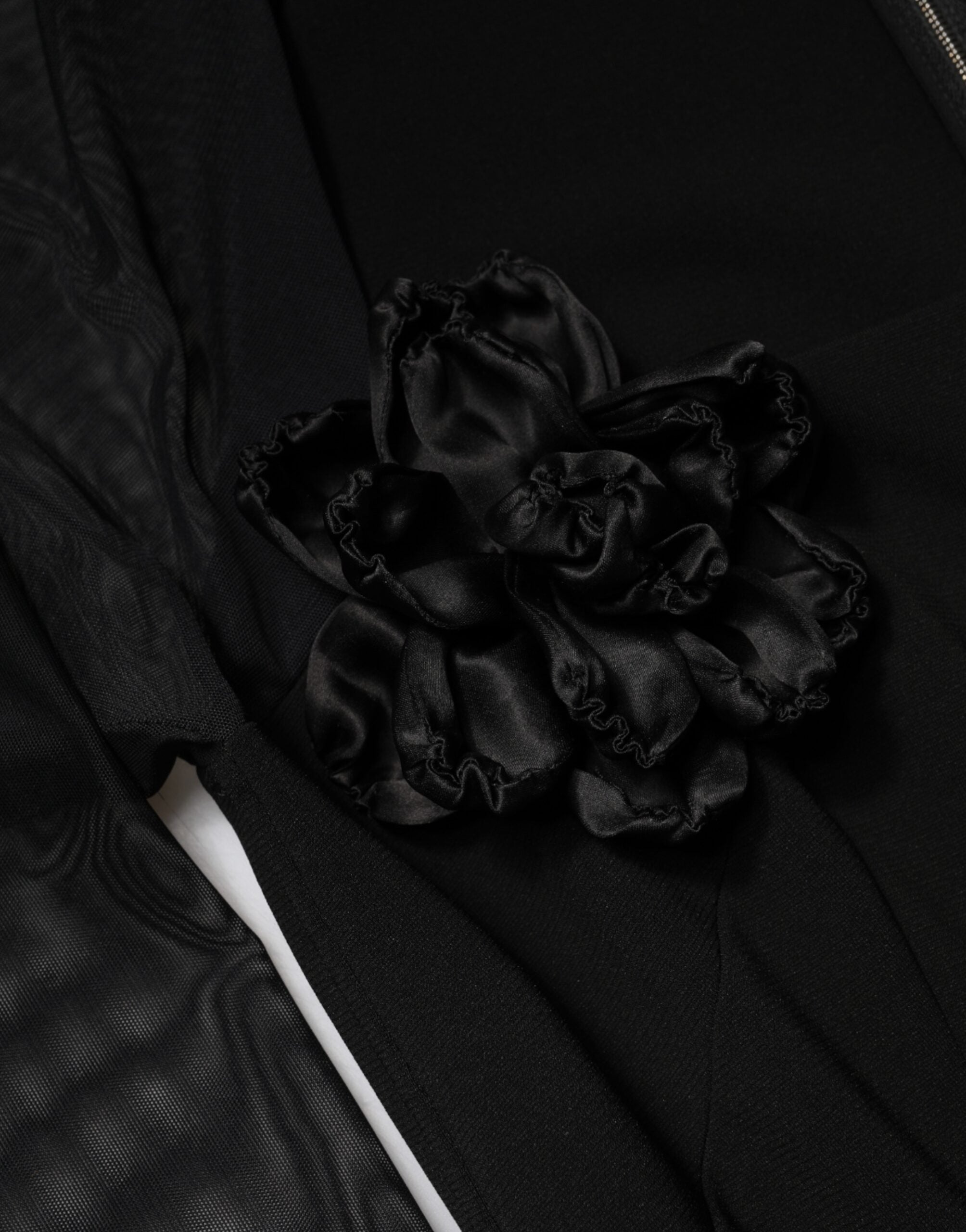 Dolce & Gabbana Black Midi Sheath Dress with Transparent Insert and Rosette Appliqué-8