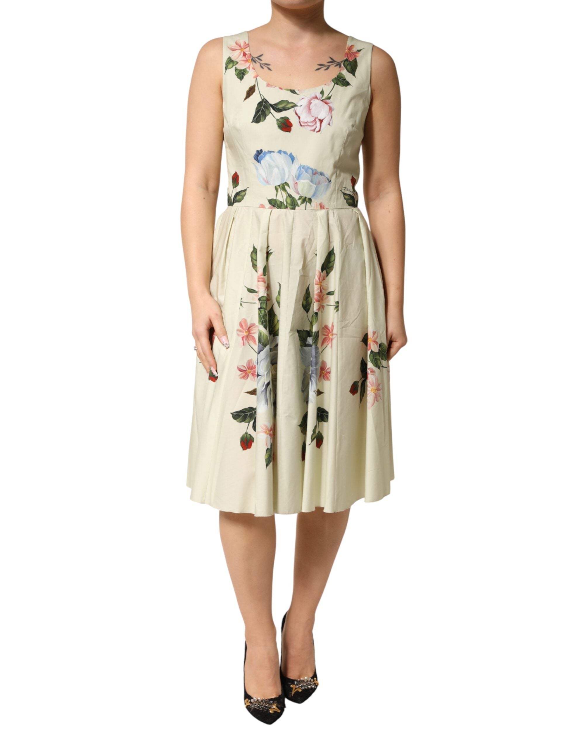 Dolce & Gabbana Sleeveless A-Line Dress in Beige with Floral Print-2