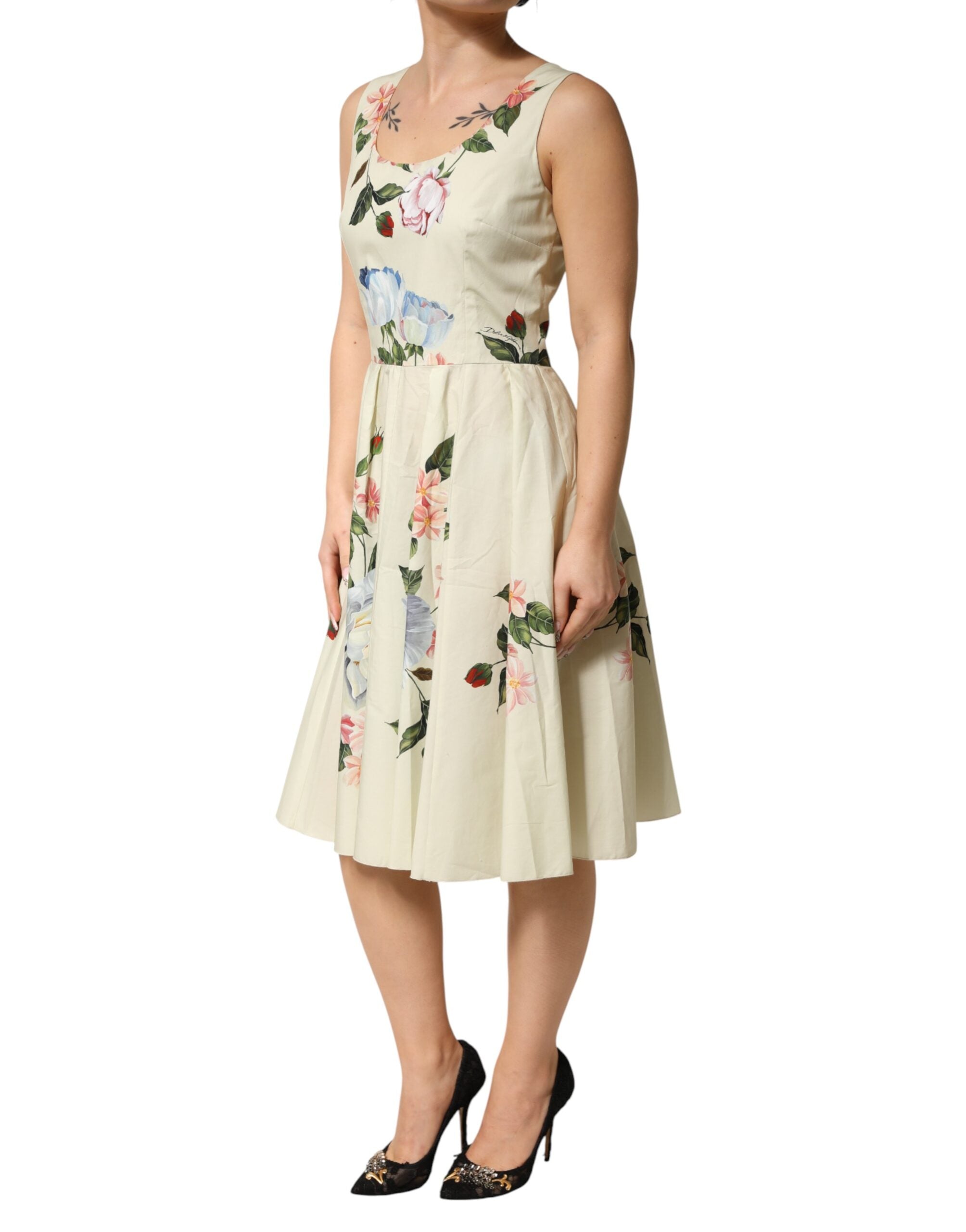 Dolce & Gabbana Sleeveless A-Line Dress in Beige with Floral Print-3