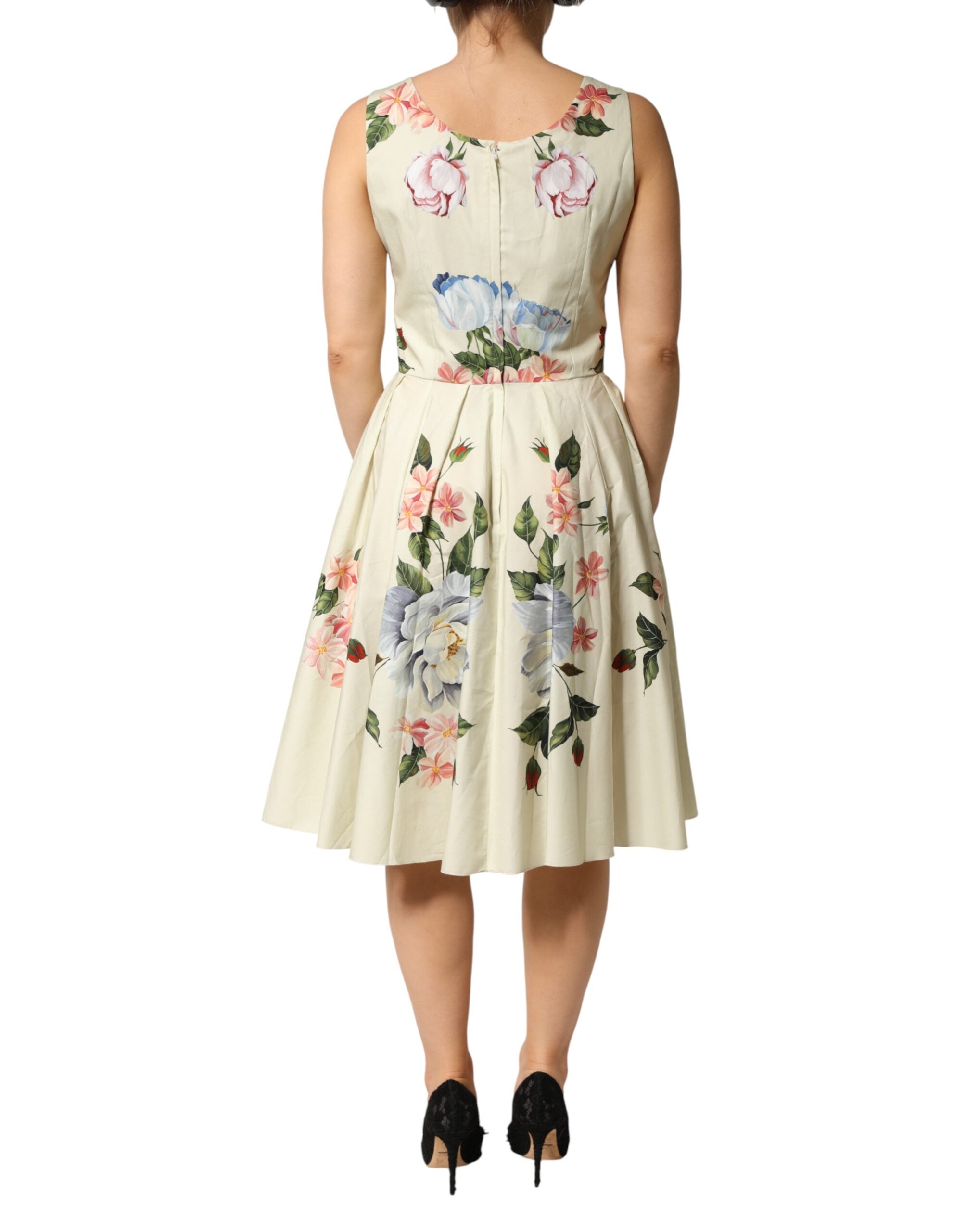 Dolce & Gabbana Sleeveless A-Line Dress in Beige with Floral Print-4