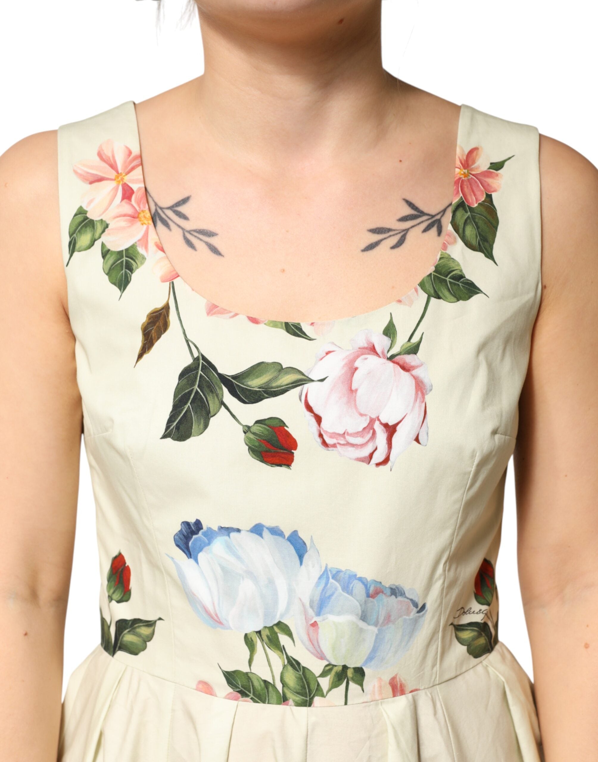 Dolce & Gabbana Sleeveless A-Line Dress in Beige with Floral Print-5