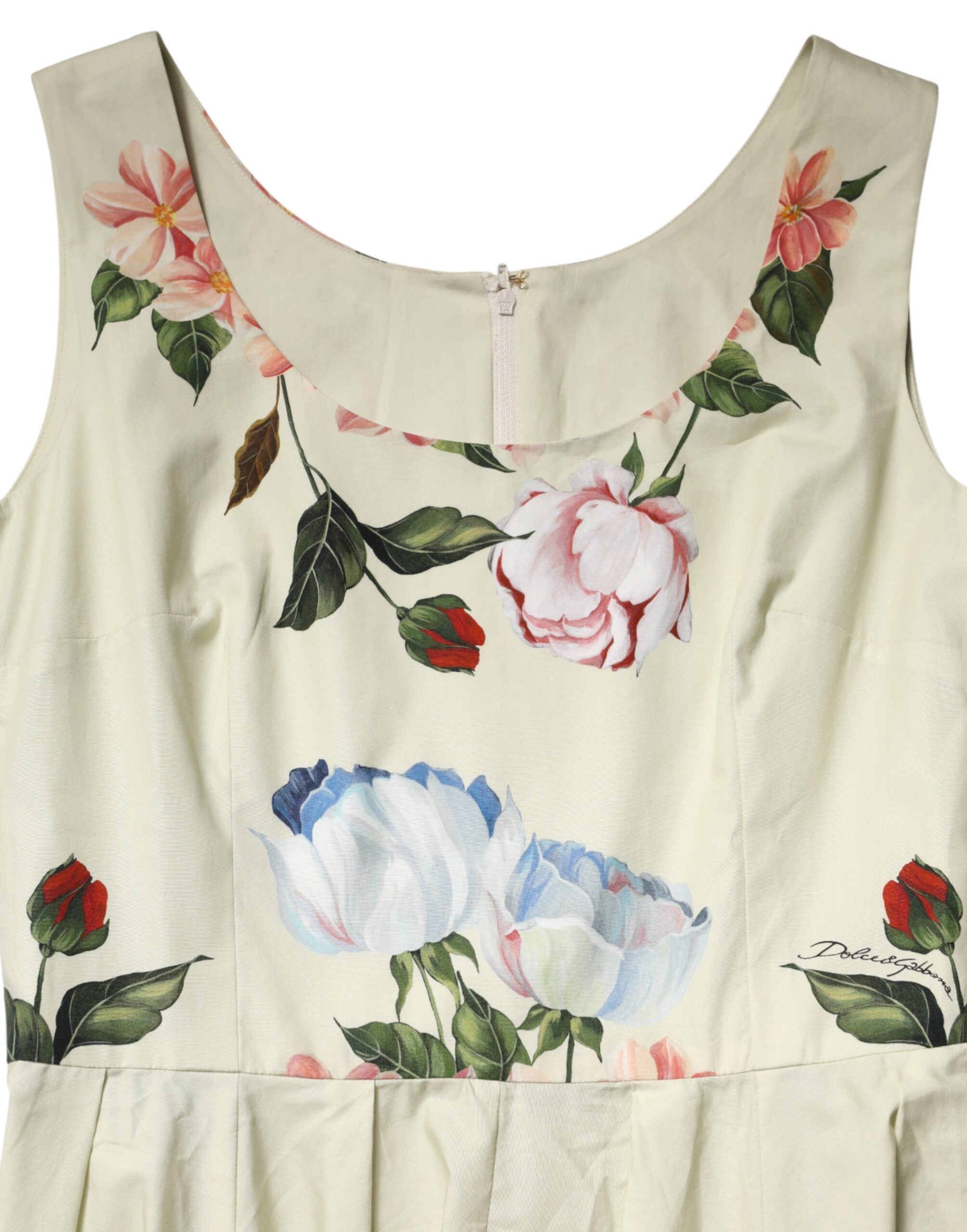 Dolce & Gabbana Sleeveless A-Line Dress in Beige with Floral Print-7