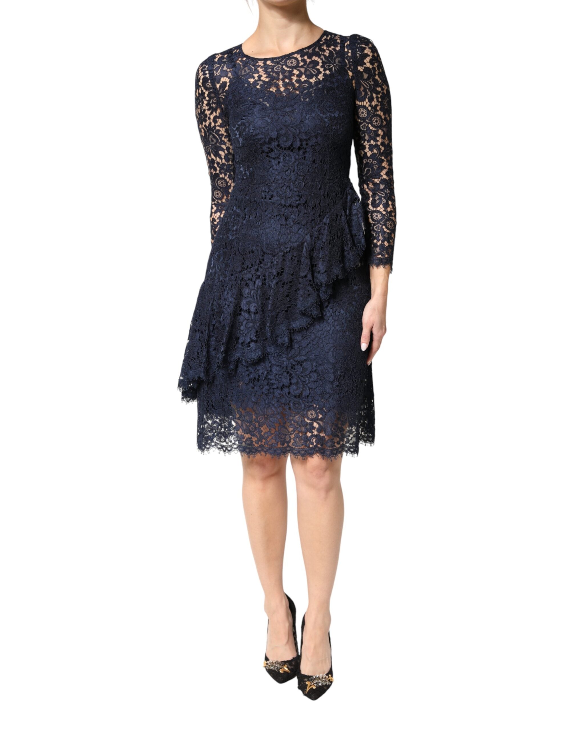 Dolce & Gabbana Blue A-Line Lace Ruffle Knee-Length Dress