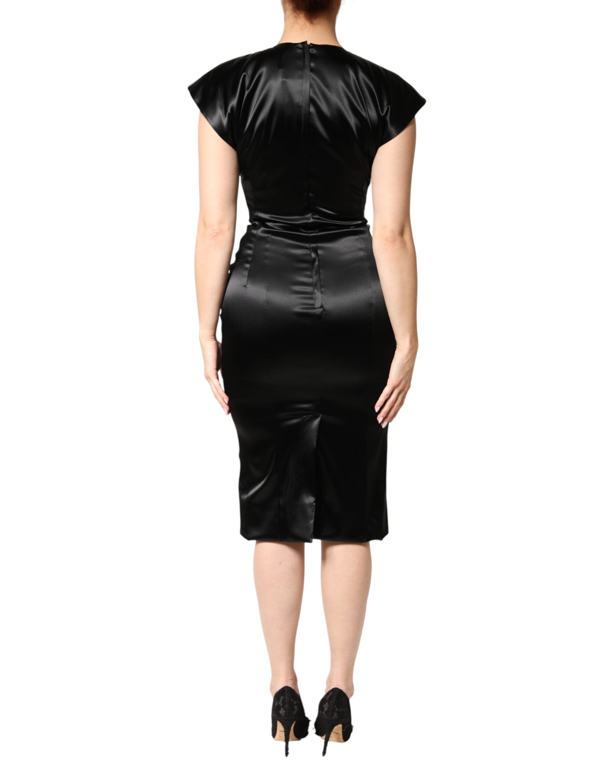 Dolce & Gabbana Black Satin Sheath Dress with Short Sleeves, Midi-Length-4