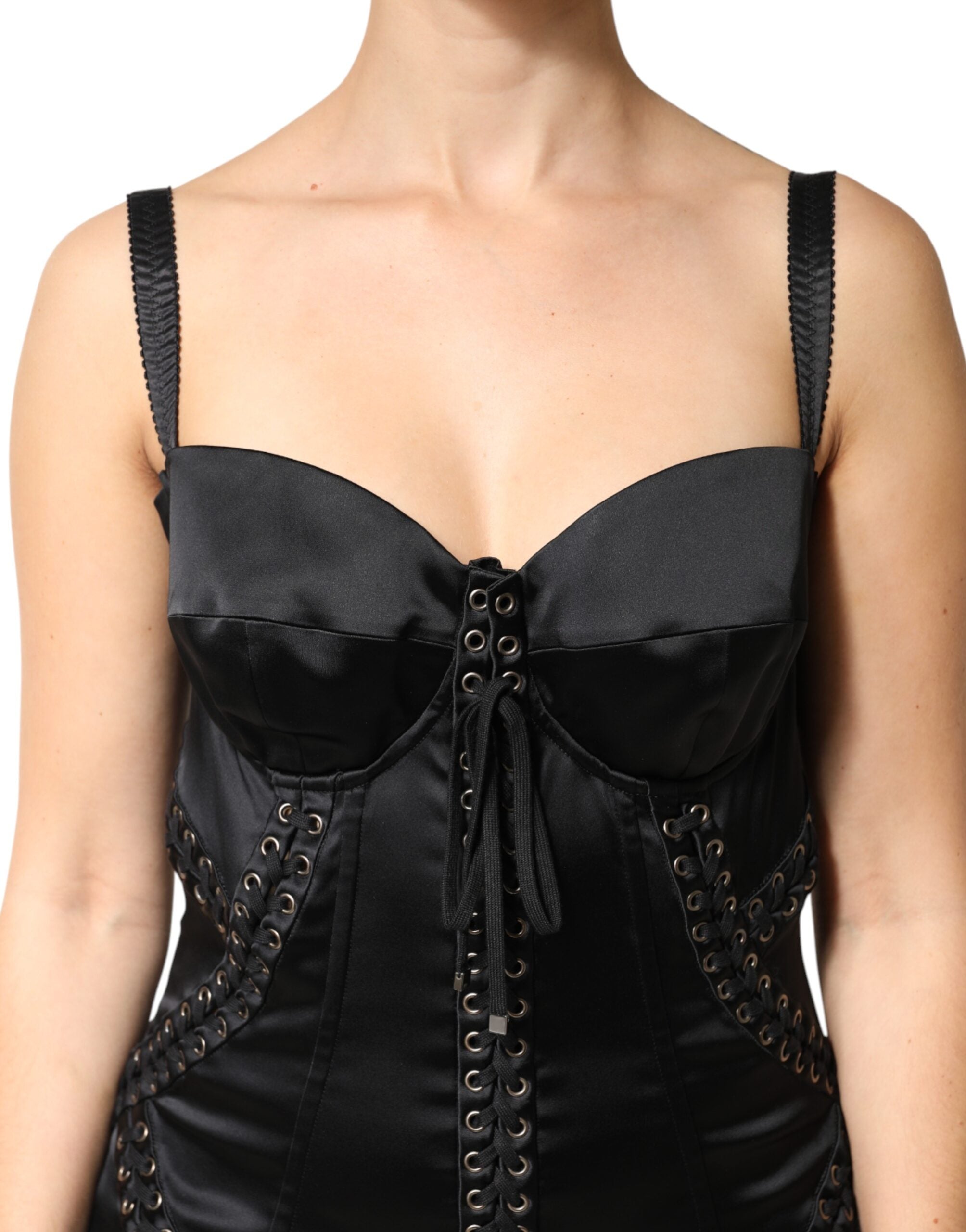 Dolce & Gabbana Black Mini Dress in Satin and Acetate with Lace Details-5
