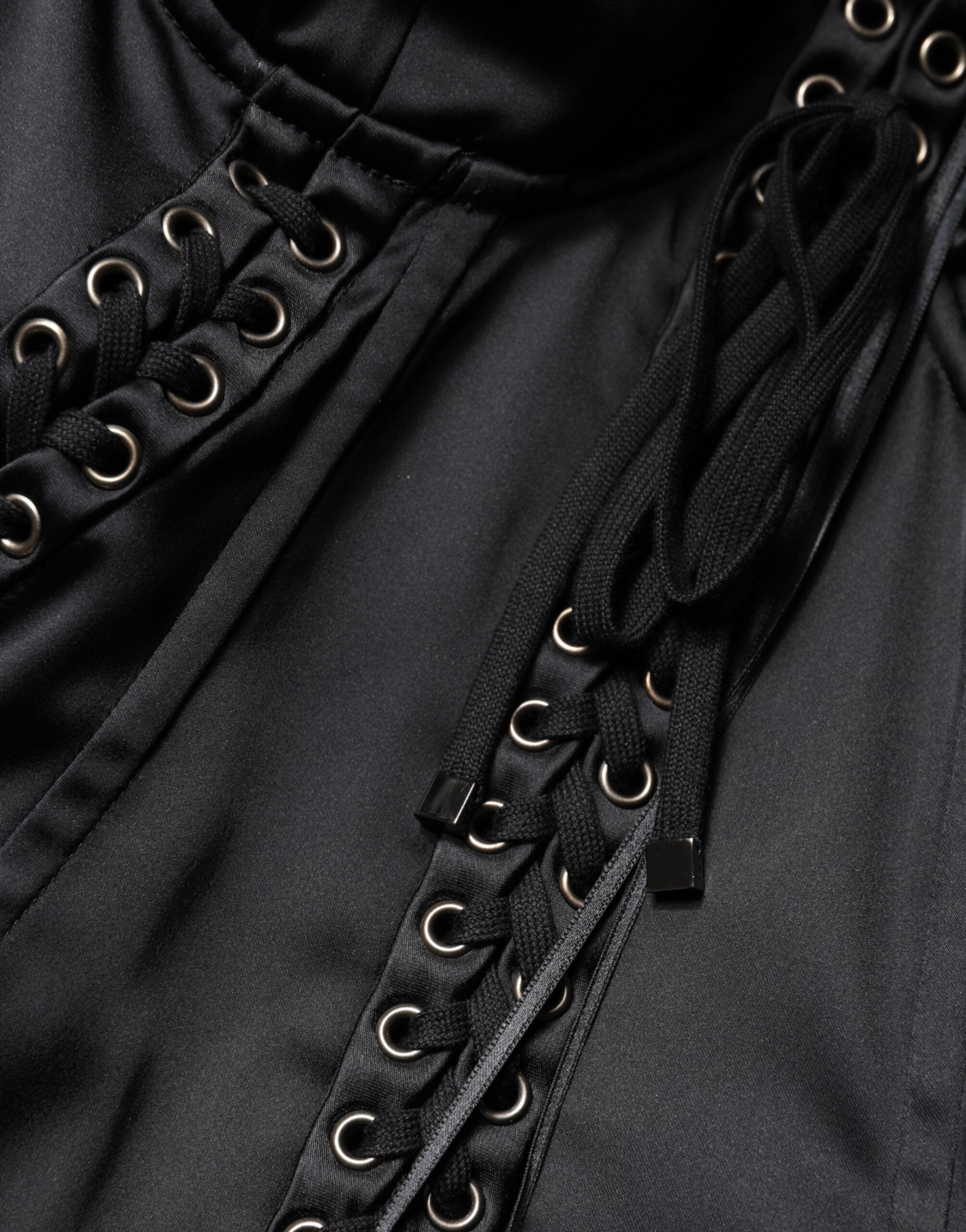 Dolce & Gabbana Black Mini Dress in Satin and Acetate with Lace Details-8