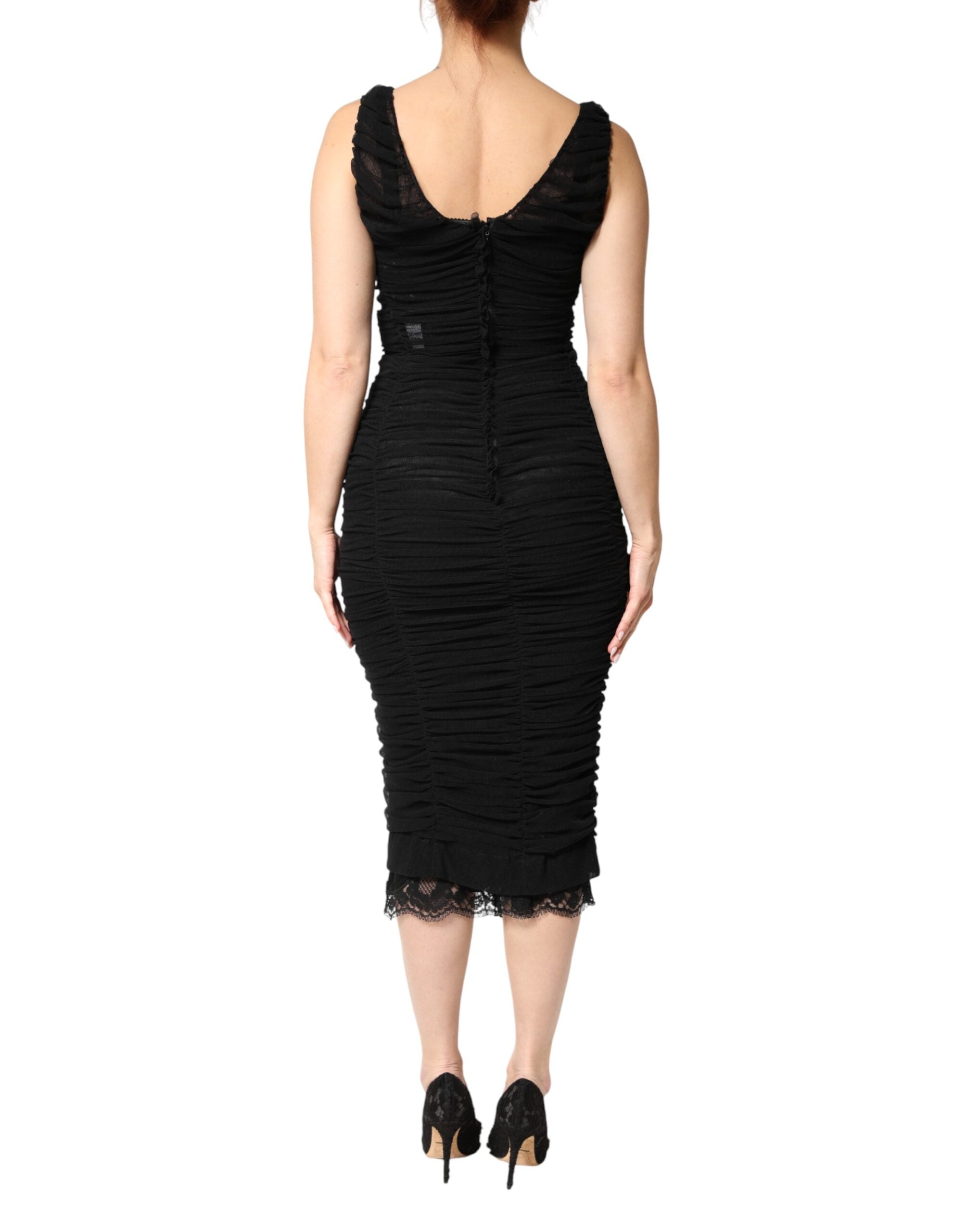 Dolce & Gabbana Black V-neck Ruched Lace-trim Midi Dress-4