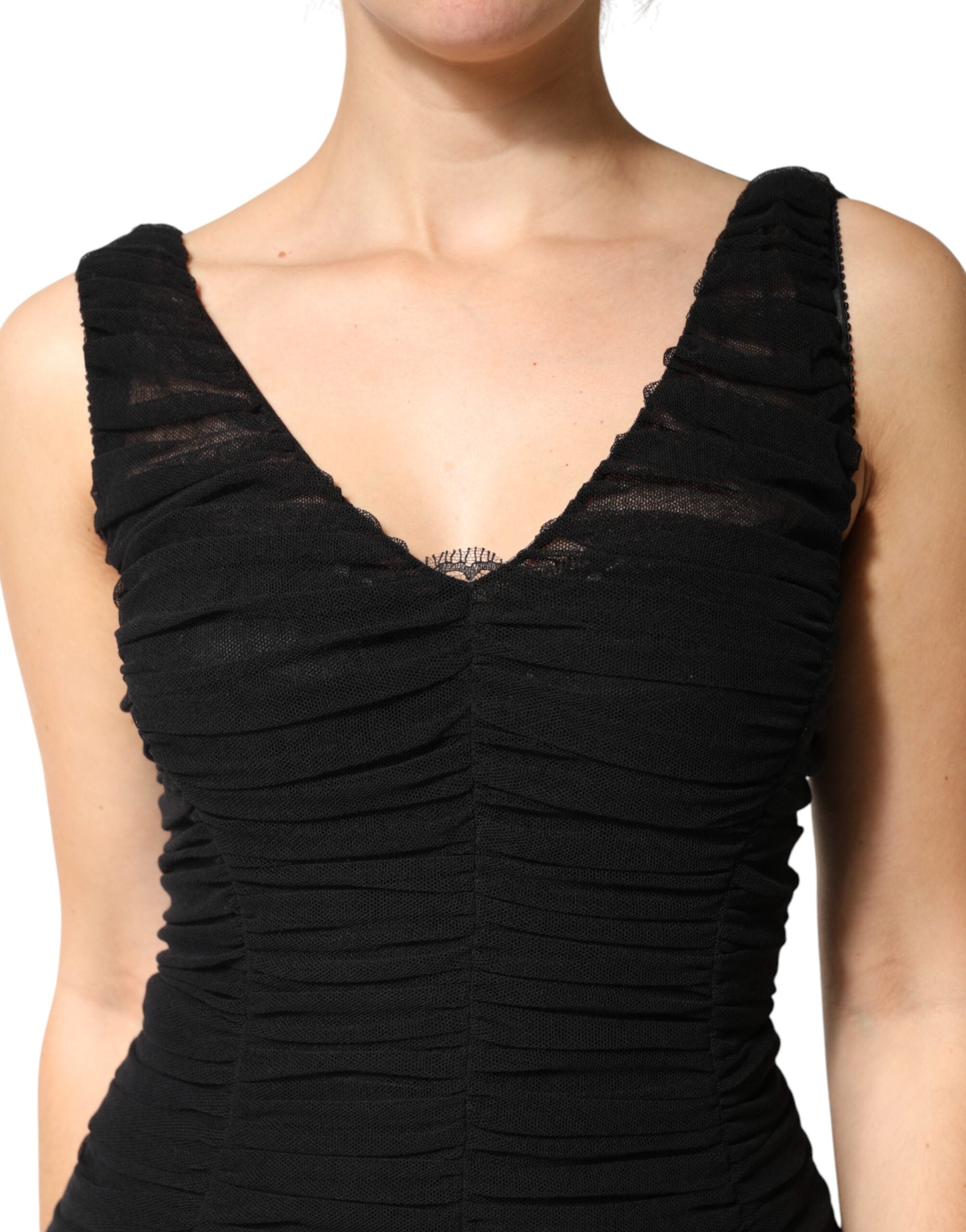 Dolce & Gabbana Black V-neck Ruched Lace-trim Midi Dress-5