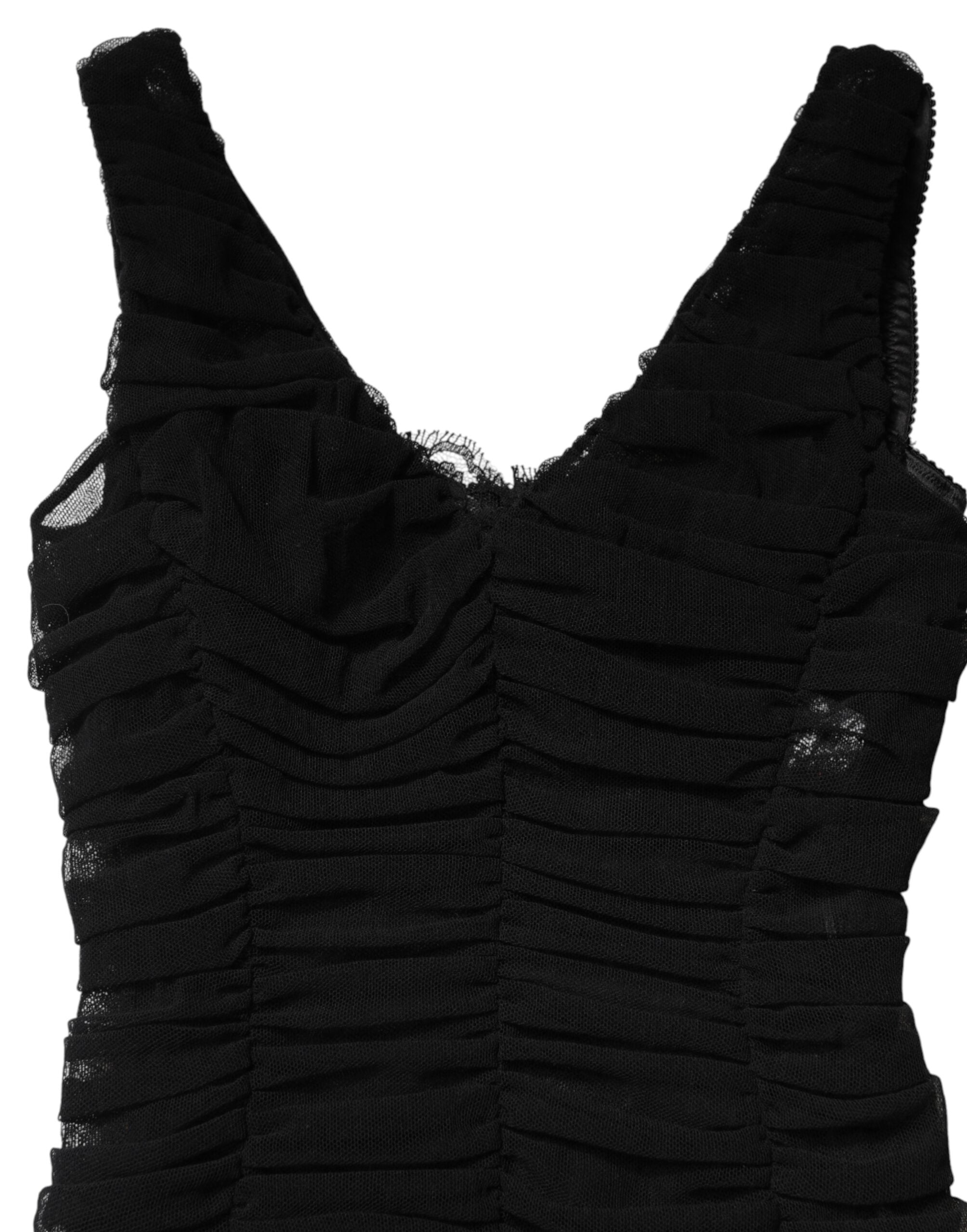 Dolce & Gabbana Black V-neck Ruched Lace-trim Midi Dress-8