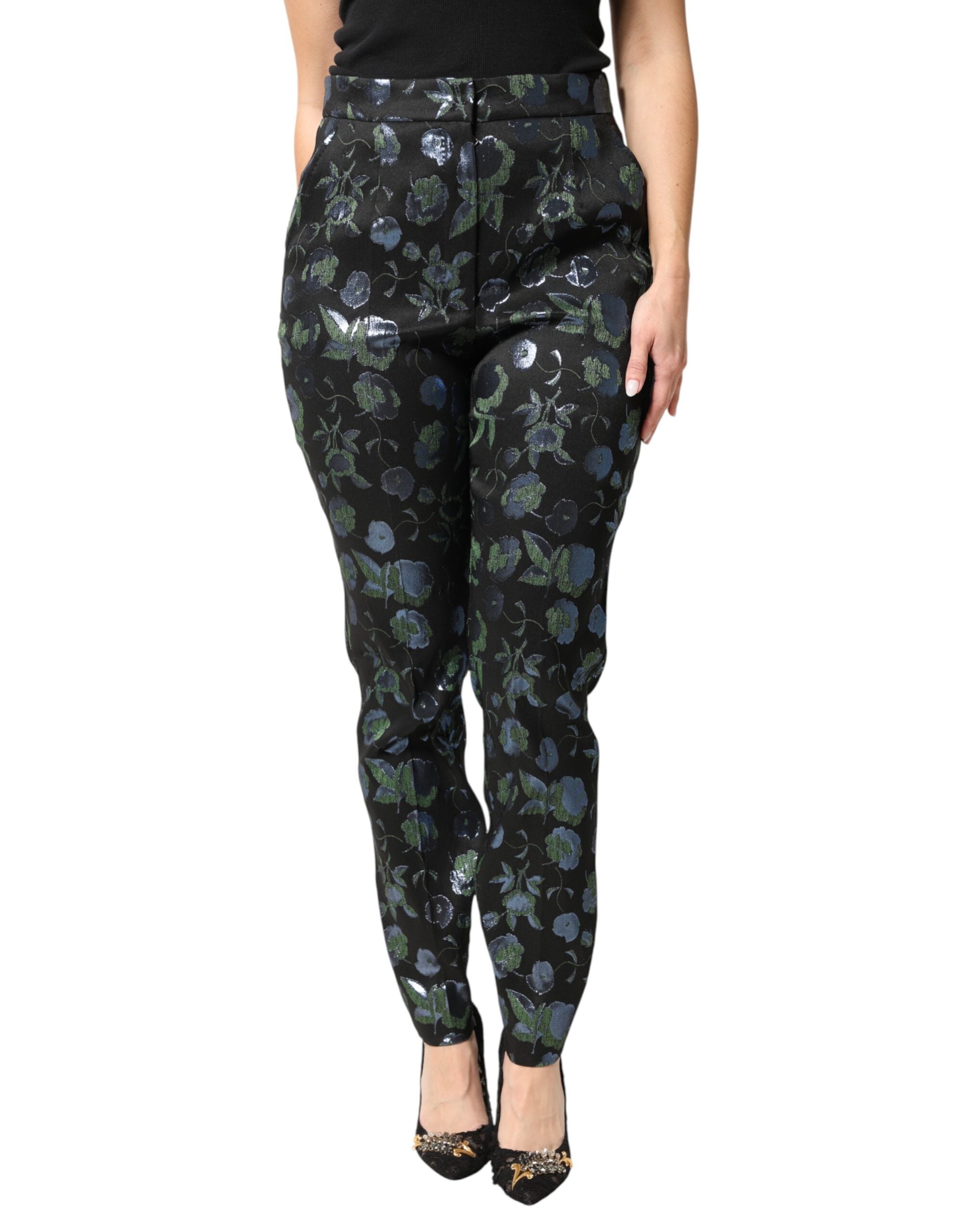 Dolce & Gabbana Blue and Green Floral Trousers with Metallic Effect-2