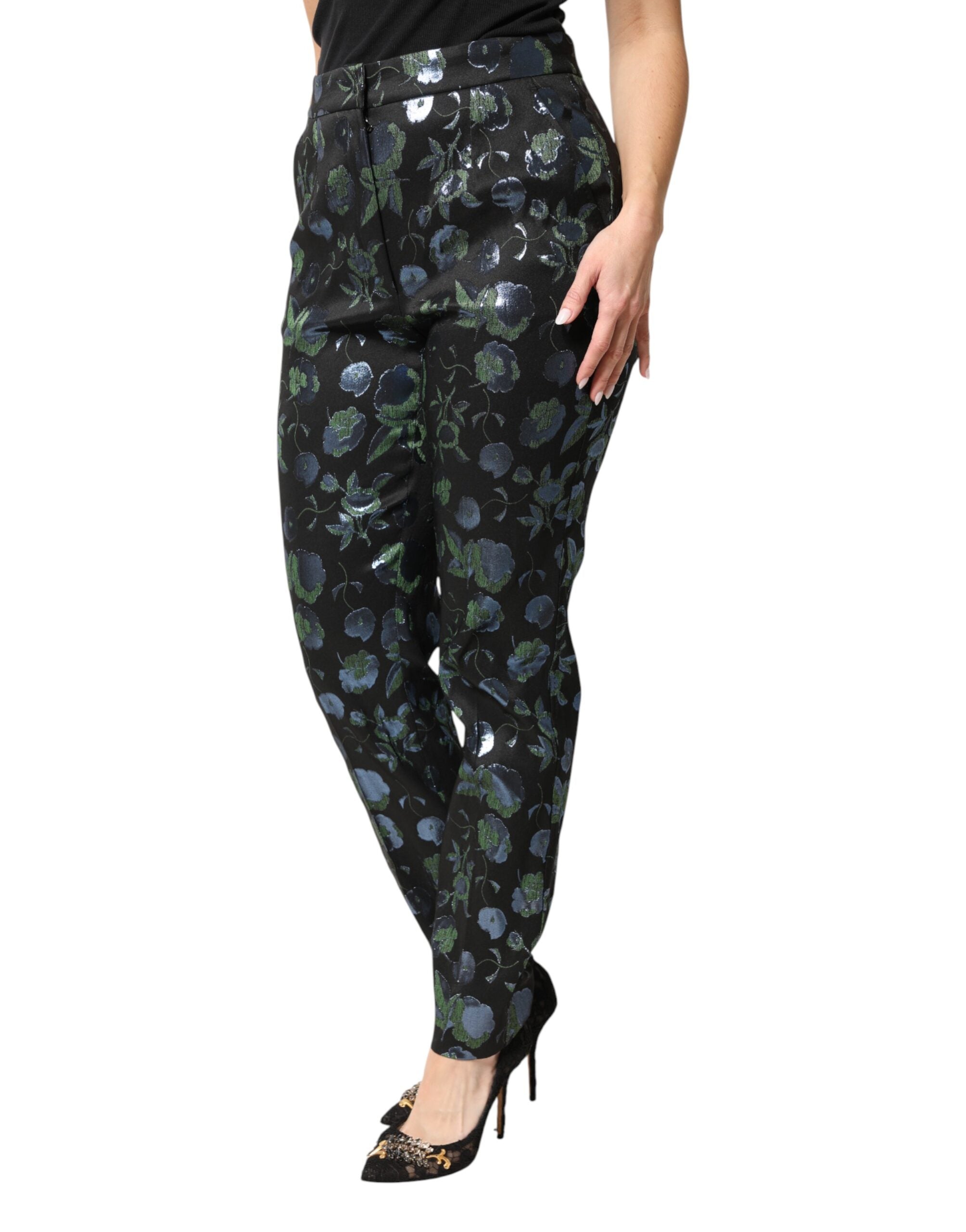 Dolce & Gabbana Blue and Green Floral Trousers with Metallic Effect-3