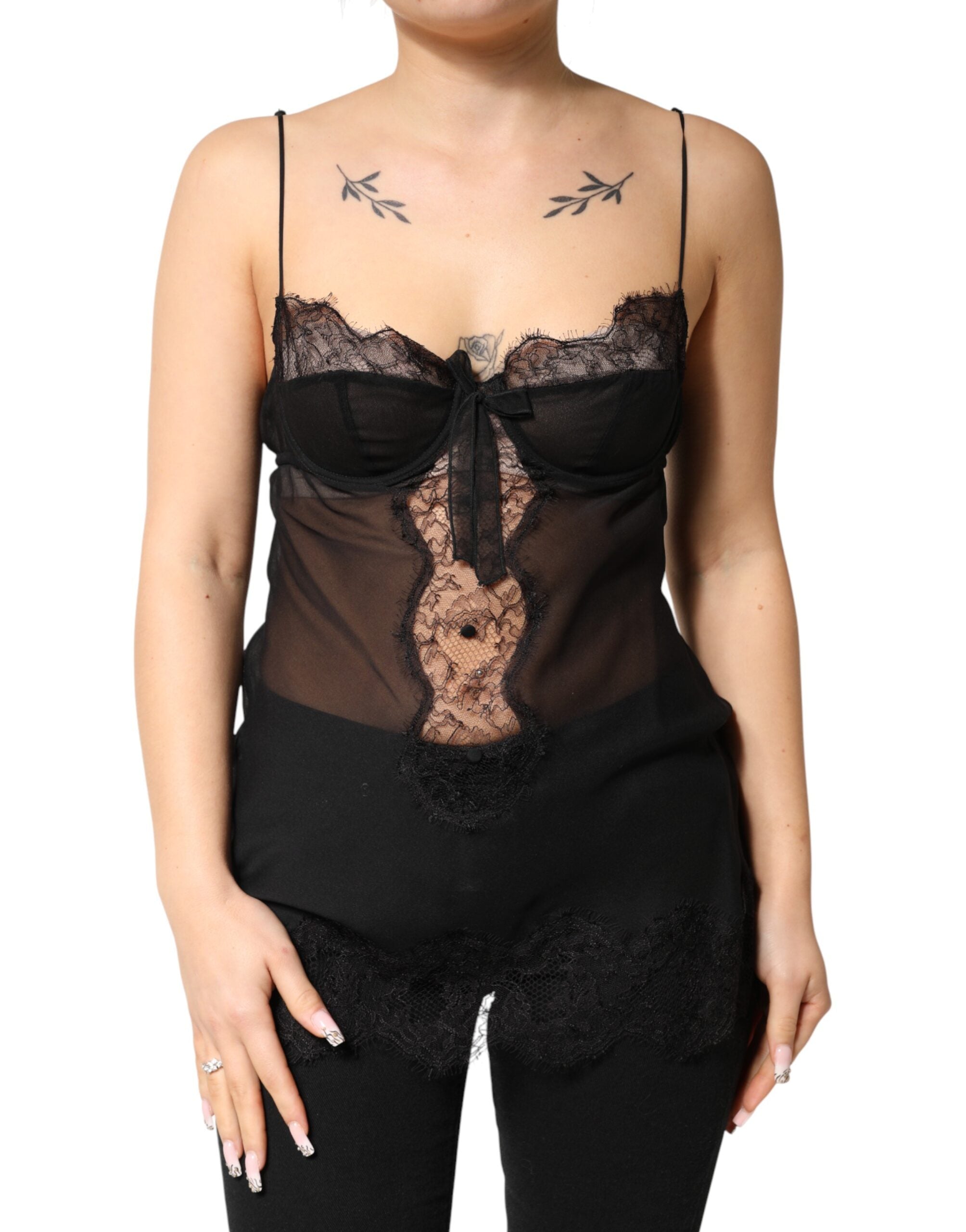 Dolce & Gabbana Black Silk Chemise with Floral Lace