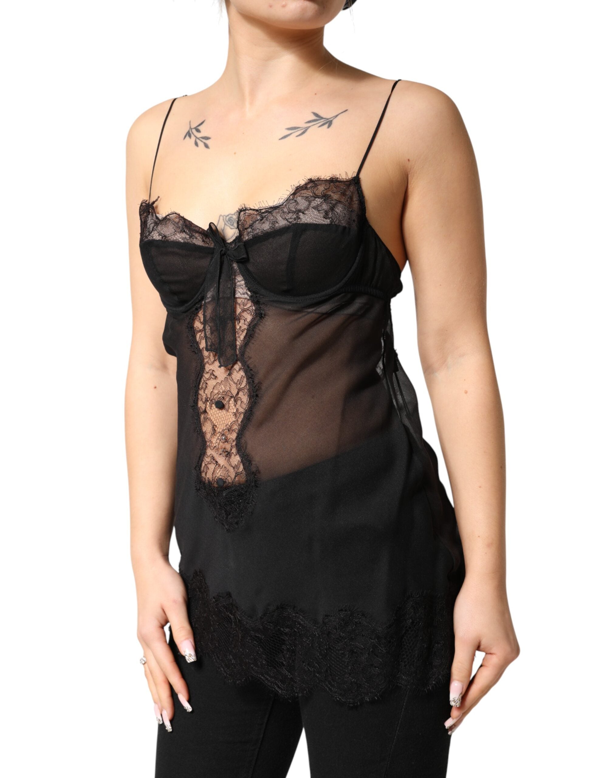 Dolce & Gabbana Black Silk Chemise with Floral Lace-3