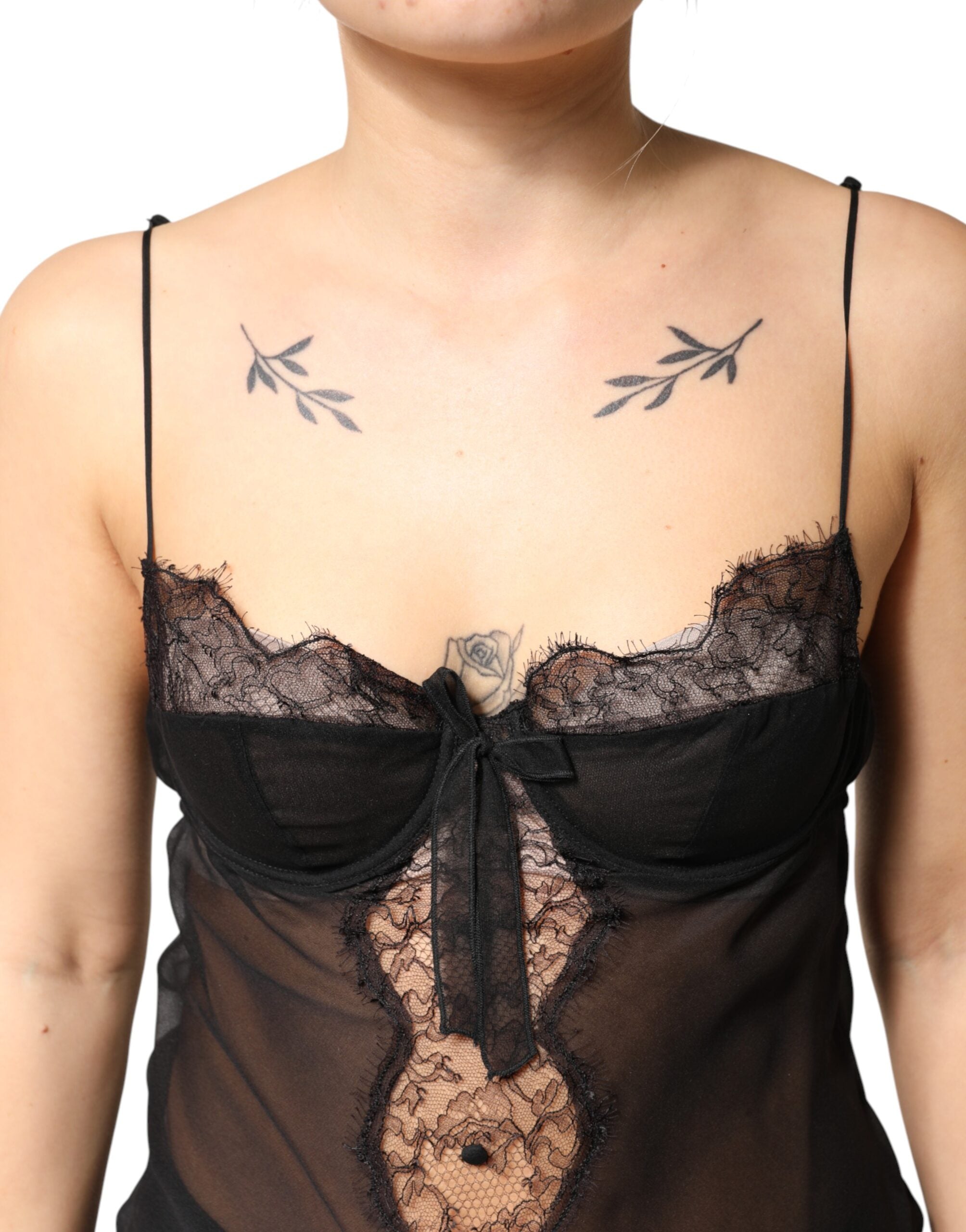Dolce & Gabbana Black Silk Chemise with Floral Lace-5