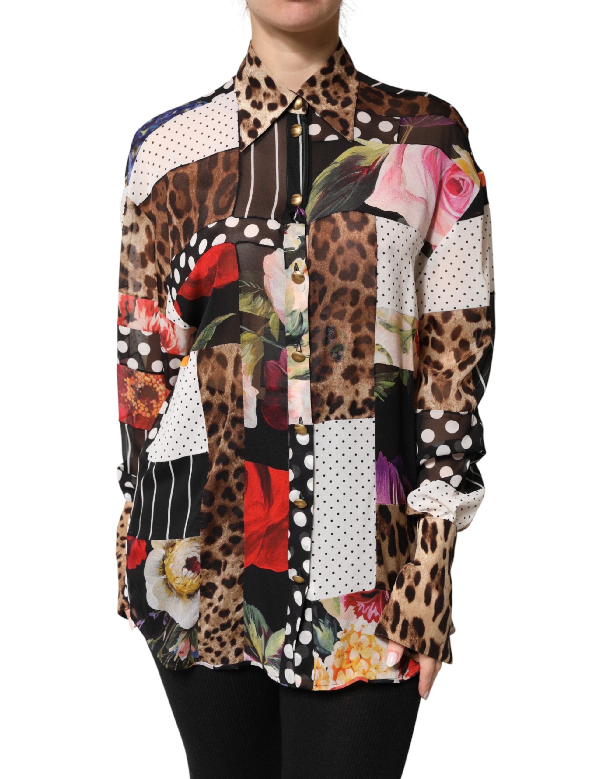 Dolce & Gabbana Multicolor Patchwork Collared Silk Blouse-1