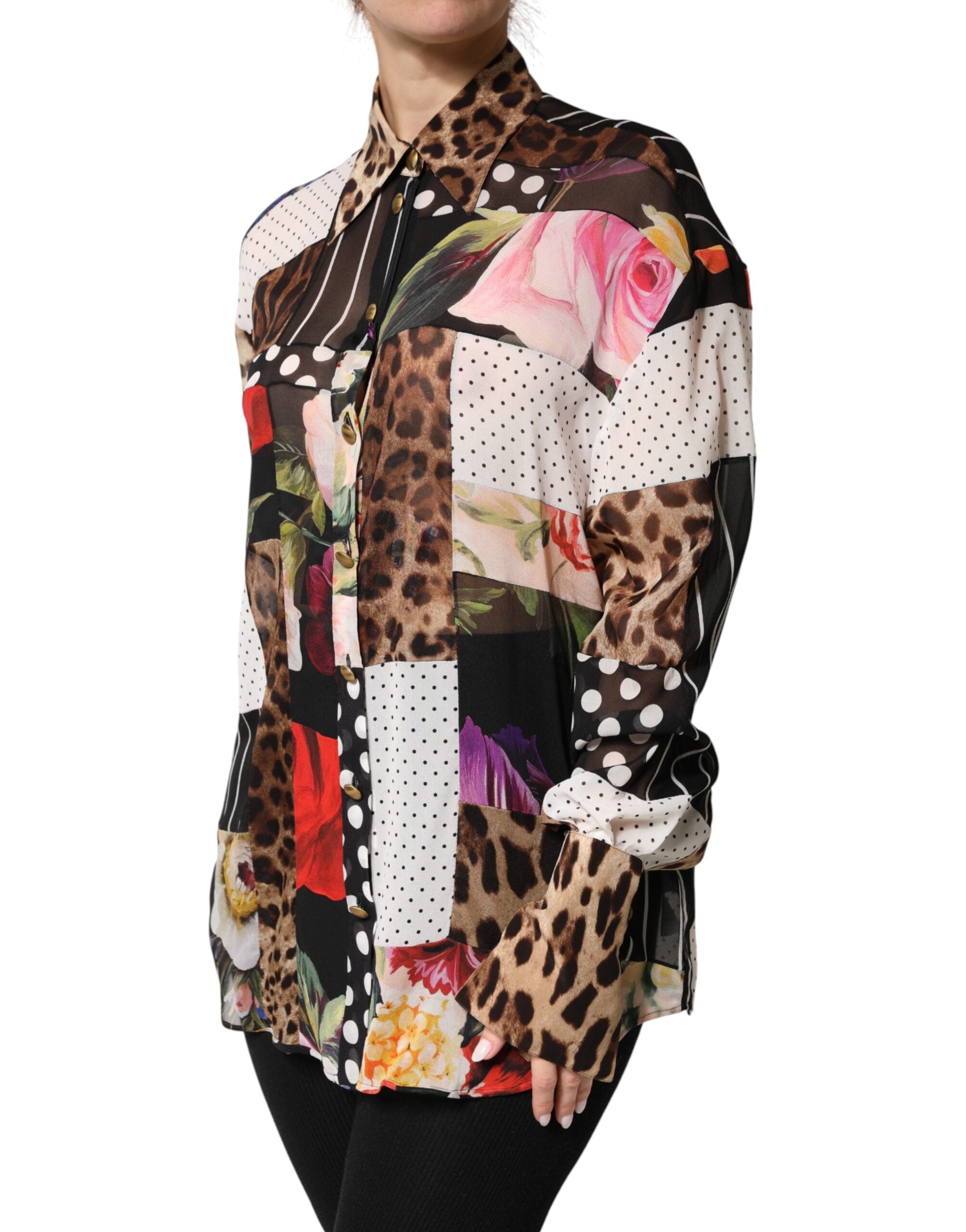 Dolce & Gabbana Multicolor Patchwork Collared Silk Blouse-3