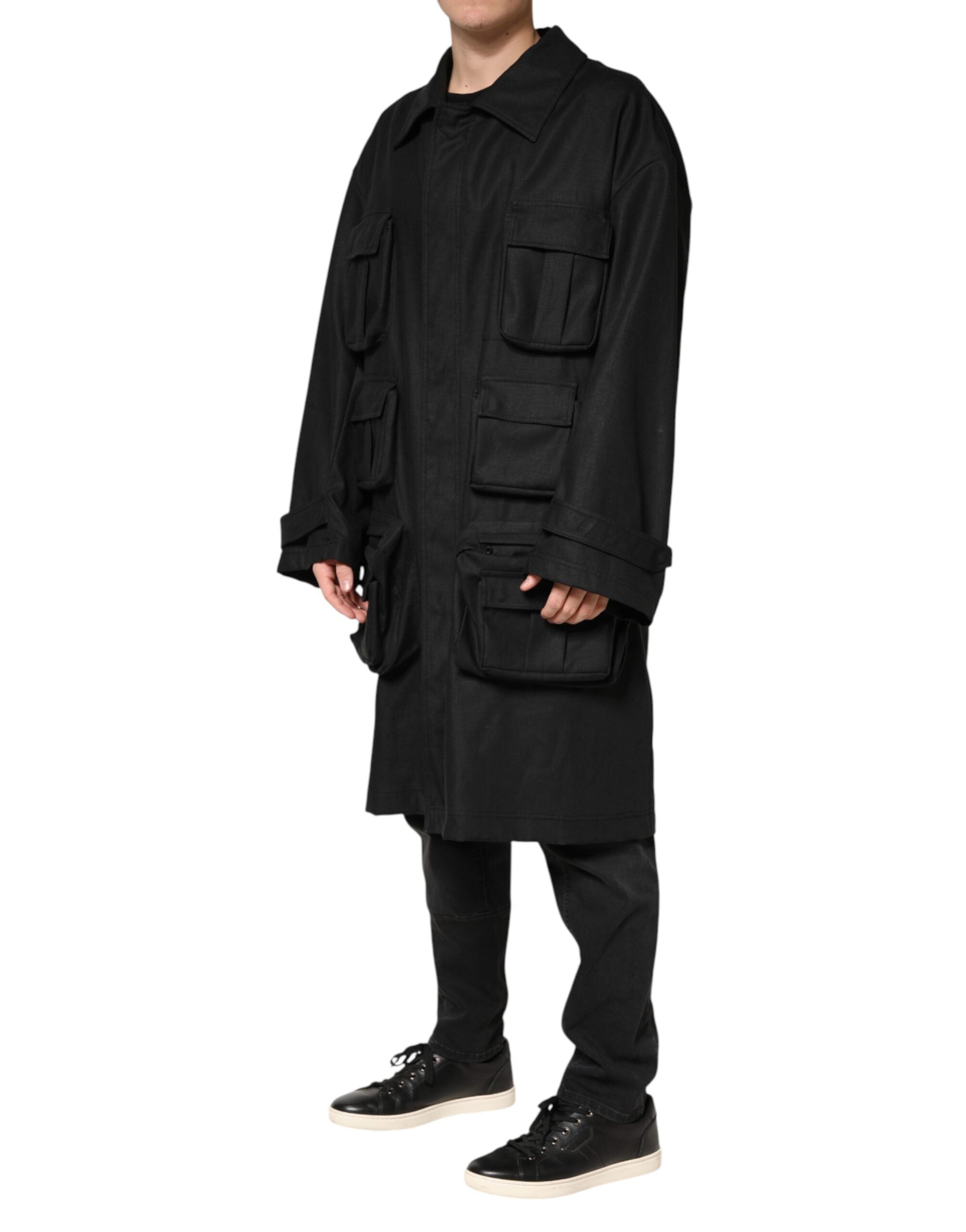 Dolce & Gabbana Black Trench Coat with Pockets and Collar-3