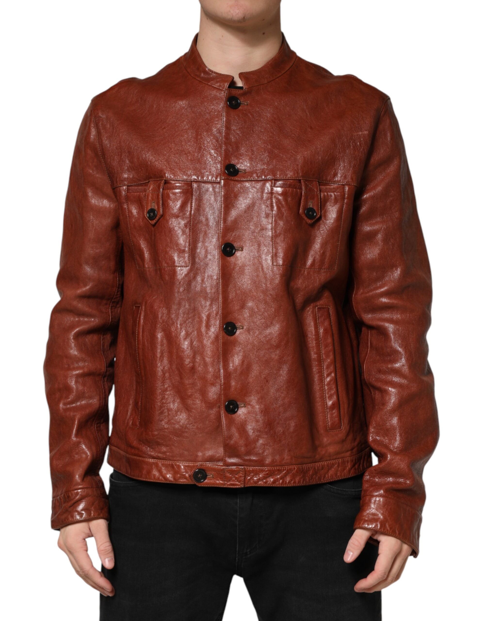 Dolce & Gabbana Men's Brown Leather Biker Jacket with Button Placket-2