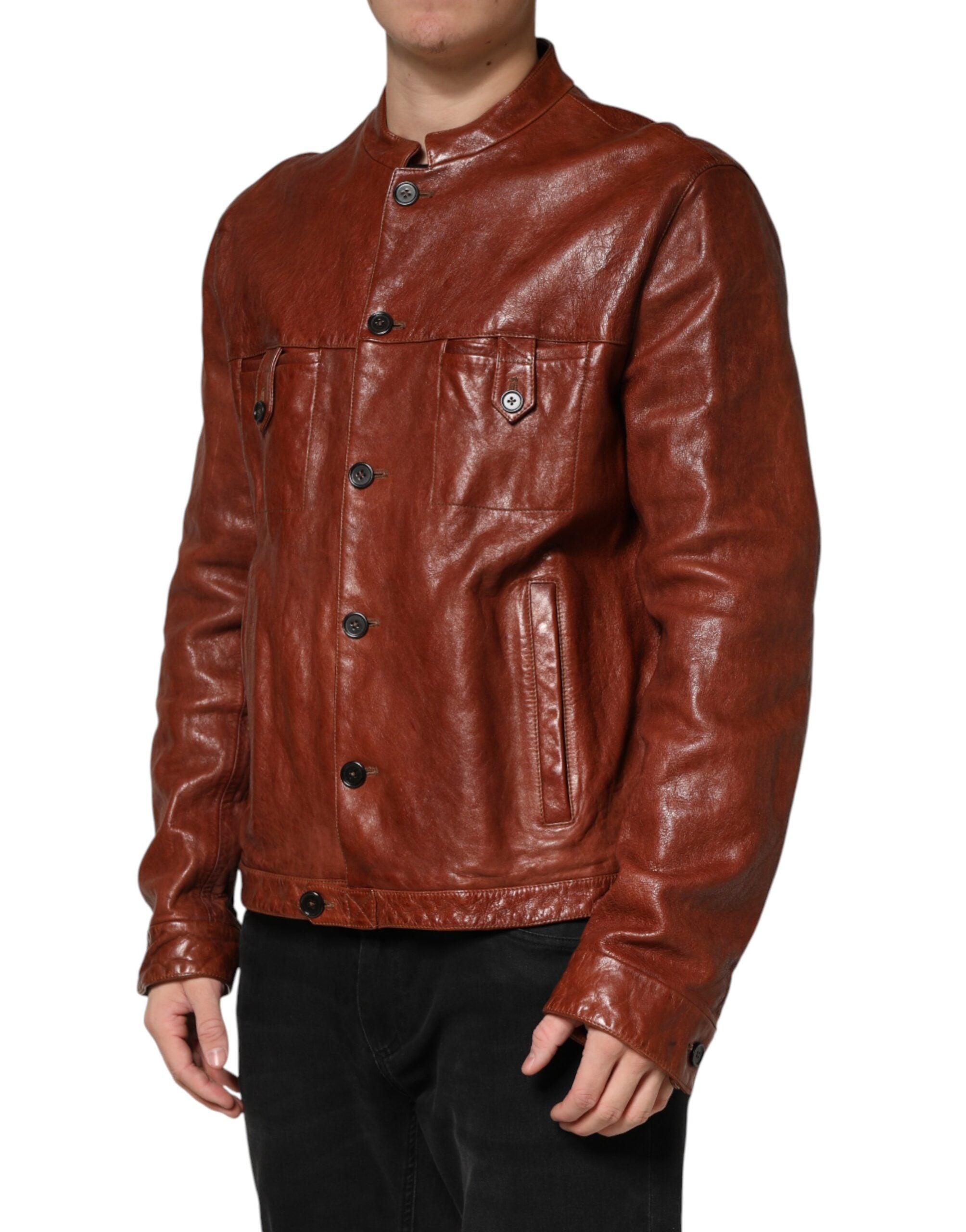Dolce & Gabbana Men's Brown Leather Biker Jacket with Button Placket-3