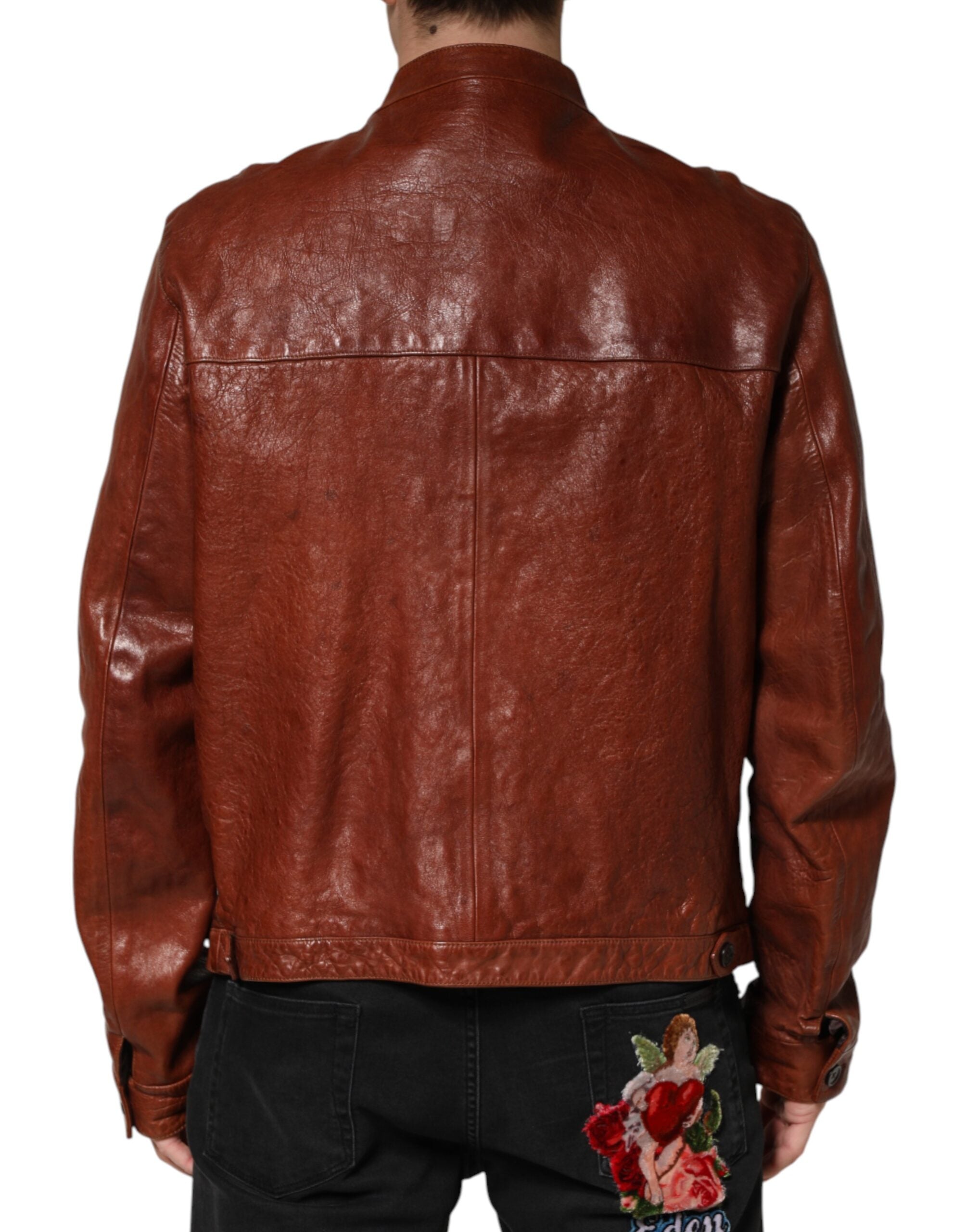 Dolce & Gabbana Men's Brown Leather Biker Jacket with Button Placket-4