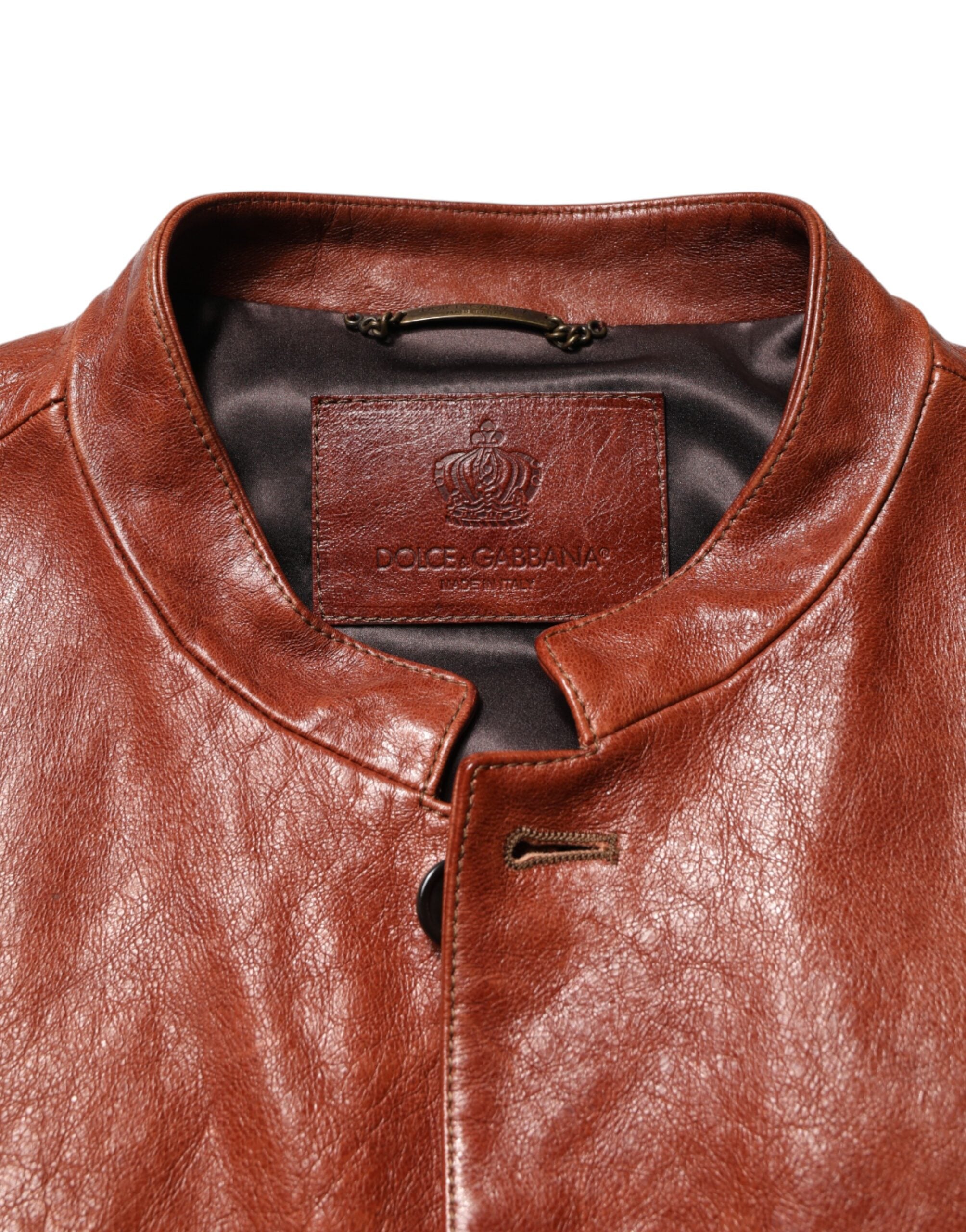 Dolce & Gabbana Men's Brown Leather Biker Jacket with Button Placket-6