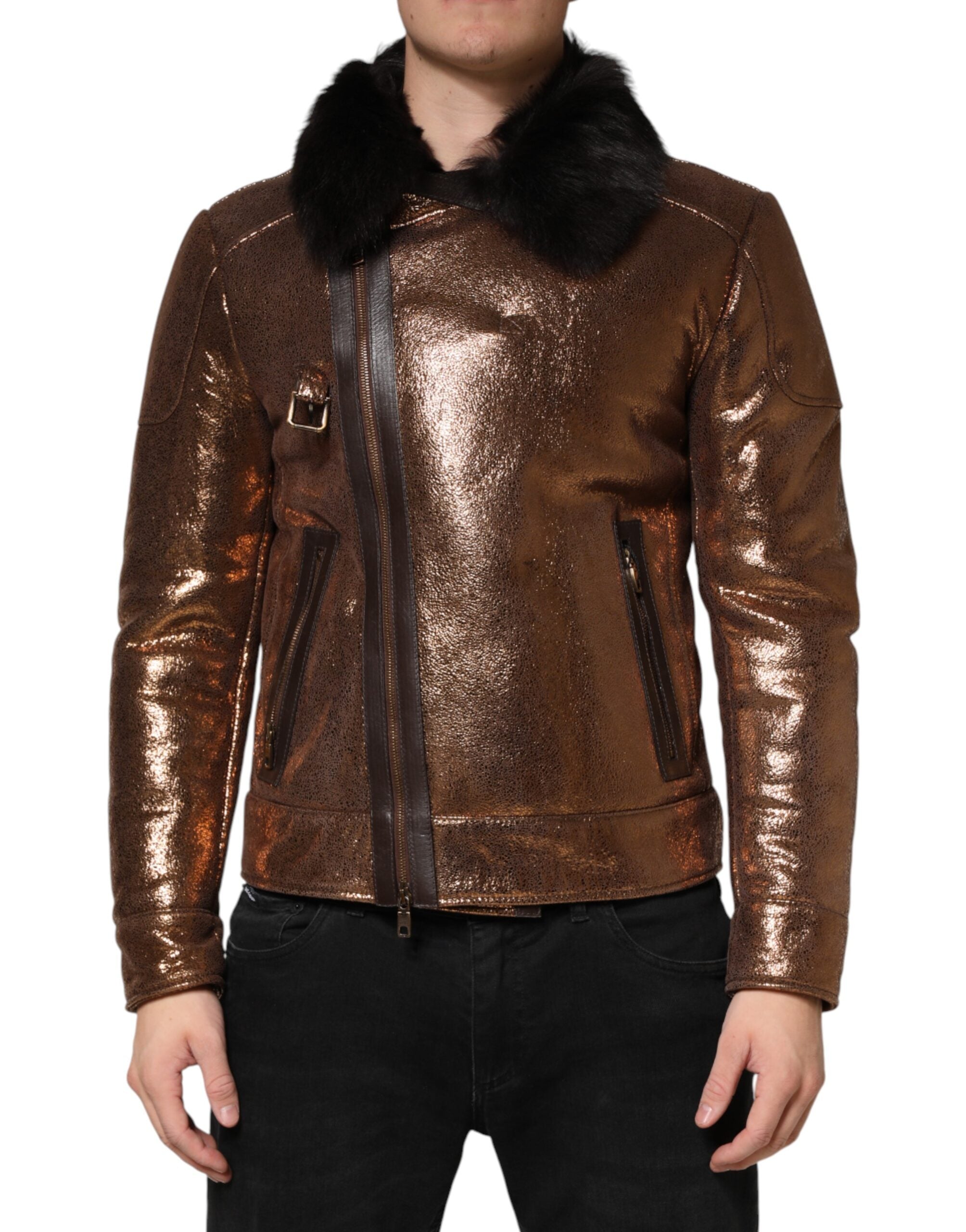 Dolce & Gabbana Men's Bronze Leather Biker Jacket with Fur Lining and Full Zip Closure
