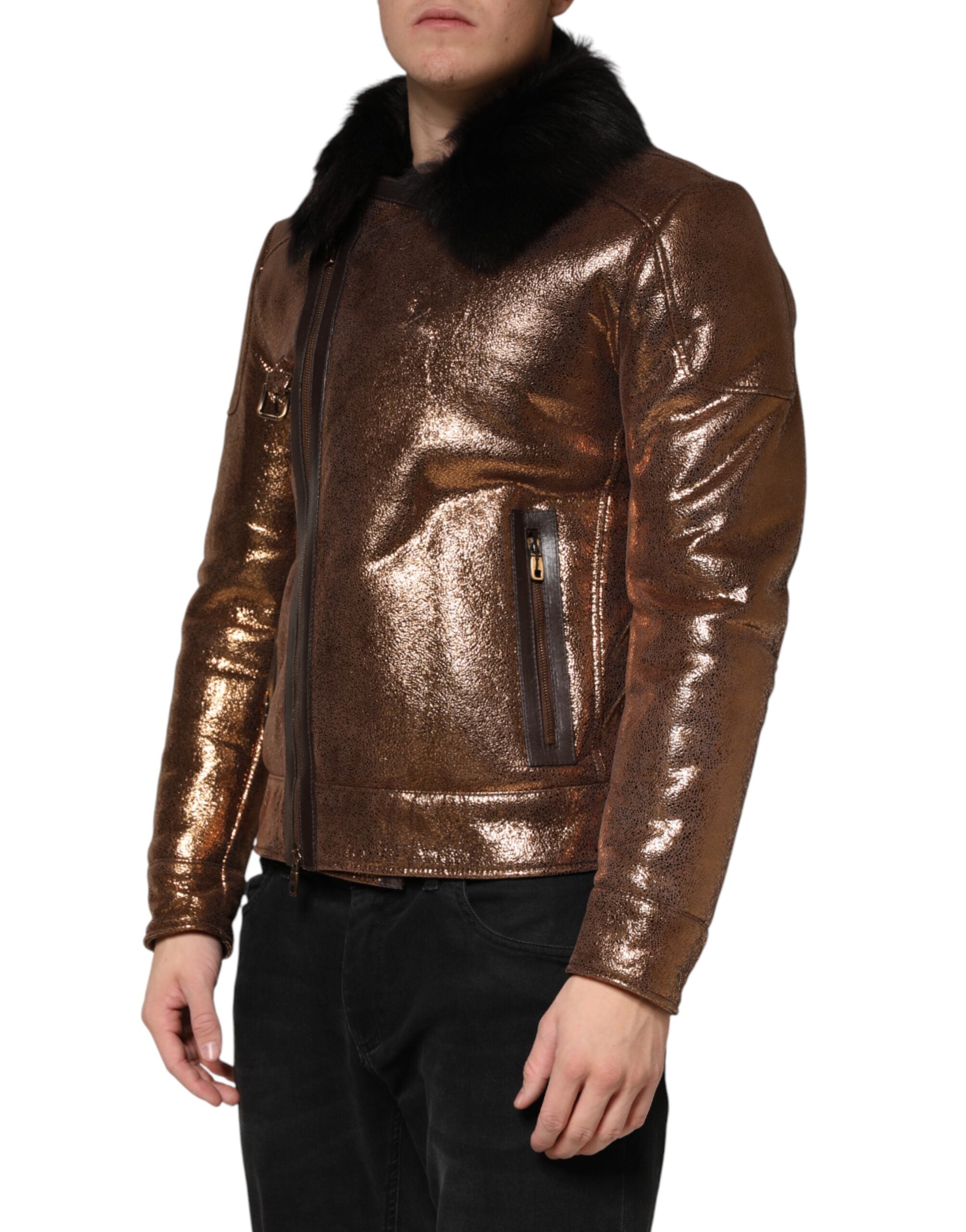 Dolce & Gabbana Men's Bronze Leather Biker Jacket with Fur Lining and Full Zip Closure-3
