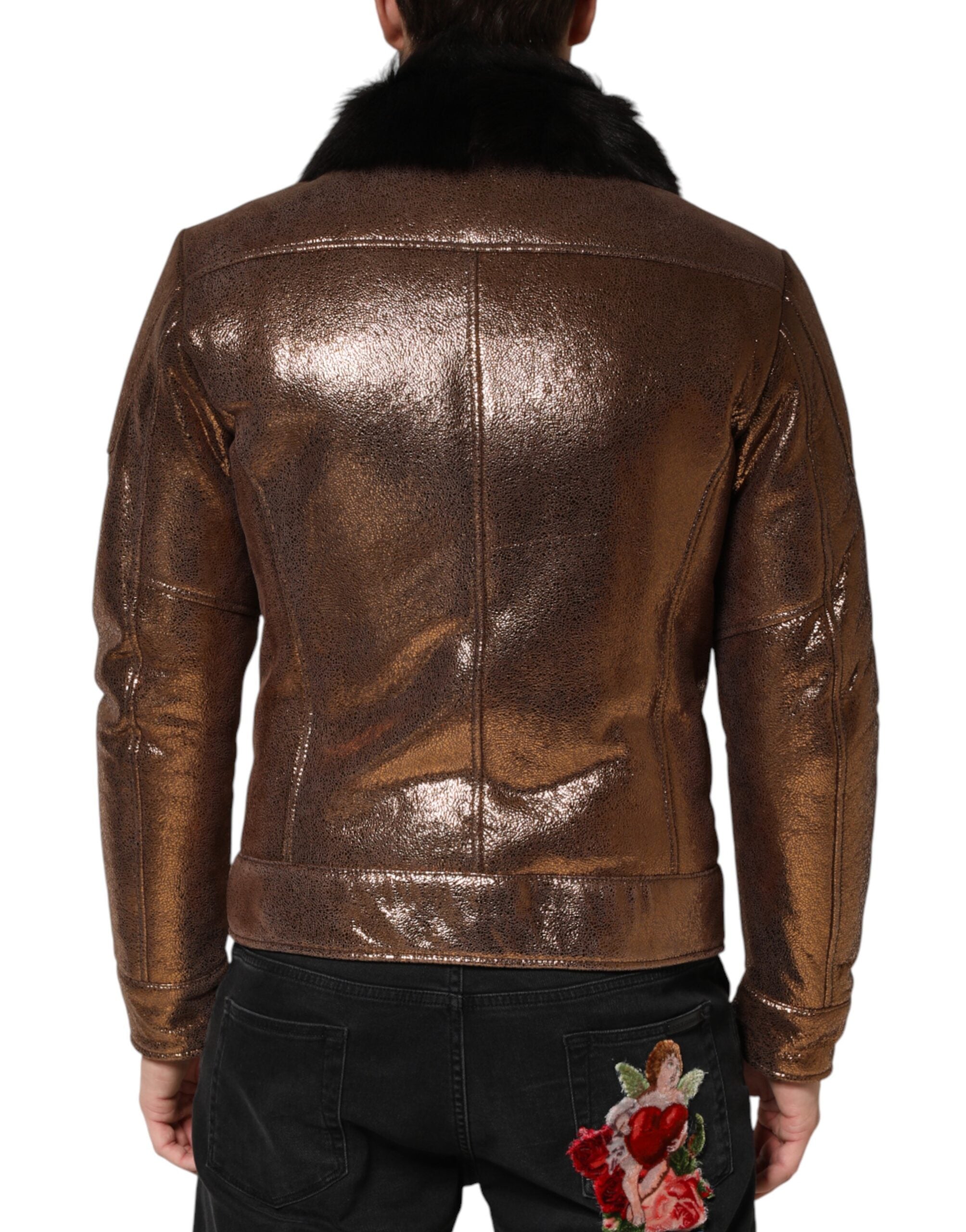 Dolce & Gabbana Men's Bronze Leather Biker Jacket with Fur Lining and Full Zip Closure-4