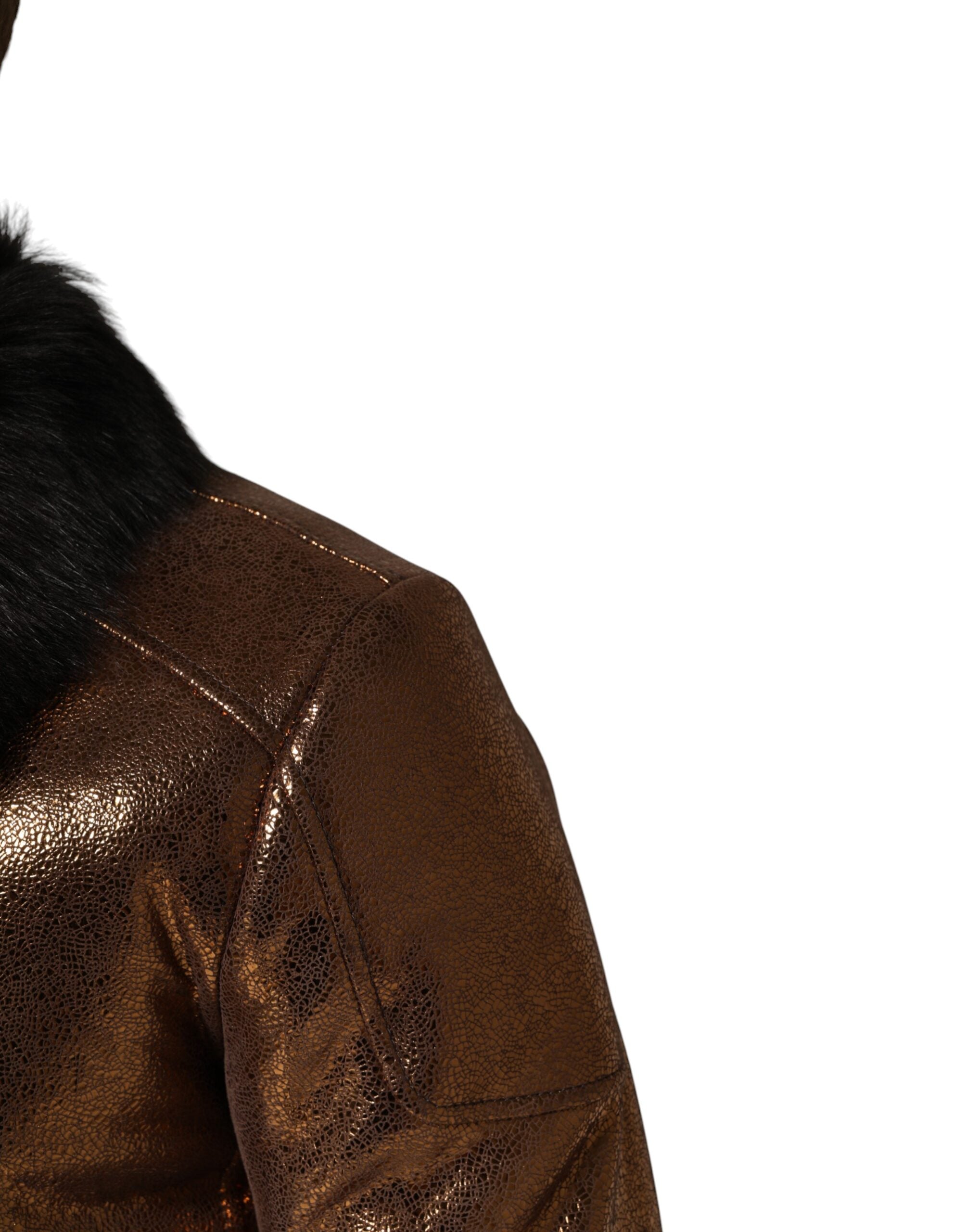 Dolce & Gabbana Men's Bronze Leather Biker Jacket with Fur Lining and Full Zip Closure-5