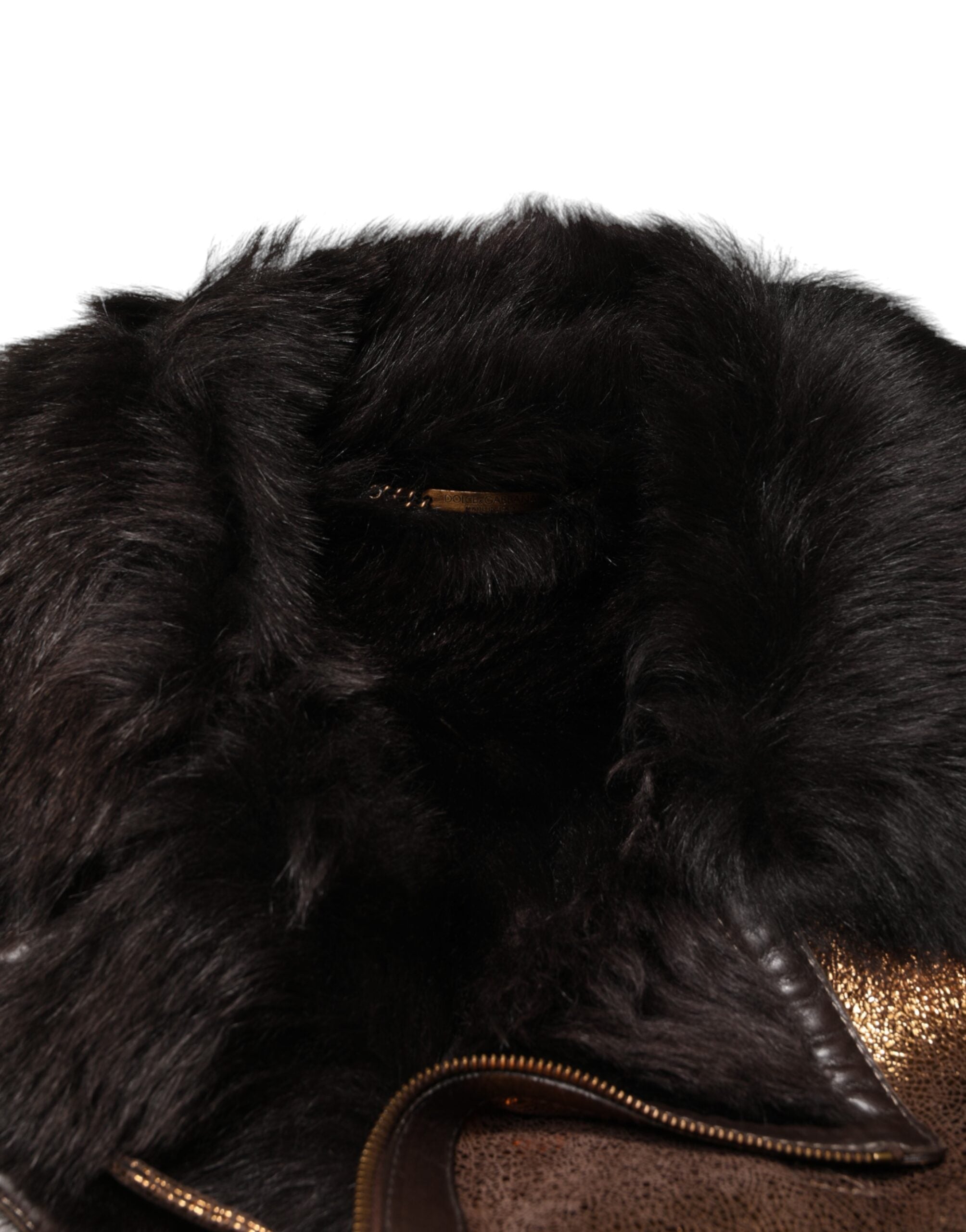 Dolce & Gabbana Men's Bronze Leather Biker Jacket with Fur Lining and Full Zip Closure-6