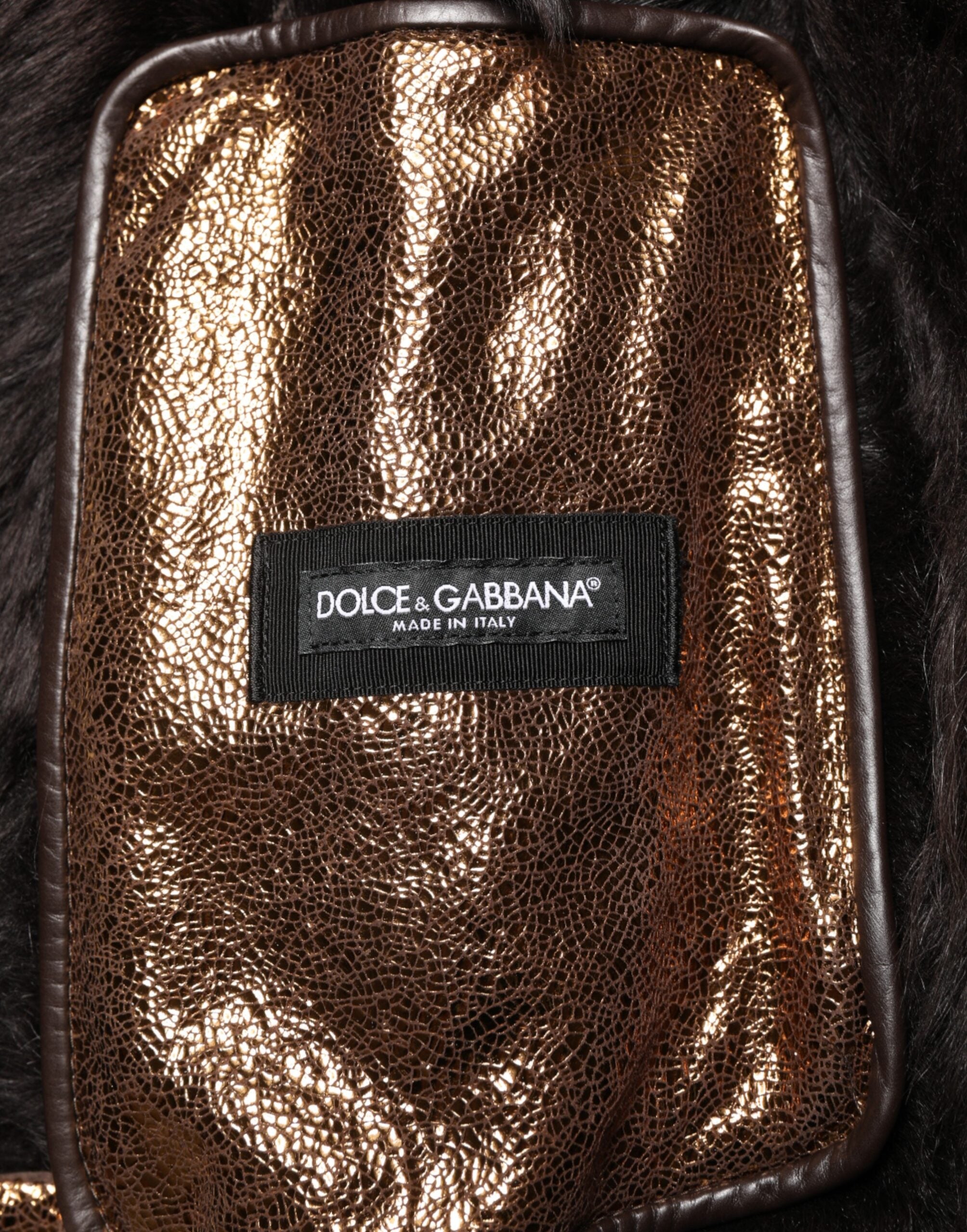 Dolce & Gabbana Men's Bronze Leather Biker Jacket with Fur Lining and Full Zip Closure-7