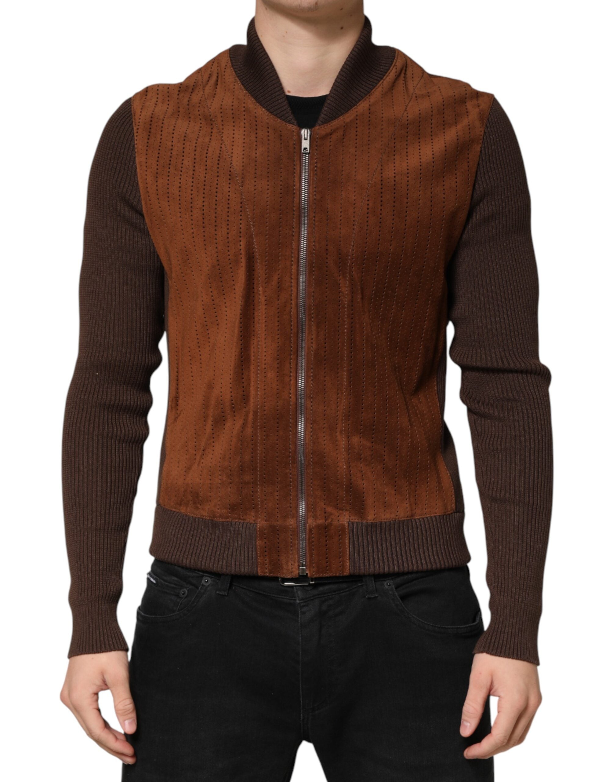 Dolce & Gabbana Brown Suede Calfskin Full Zip Biker Jacket-2