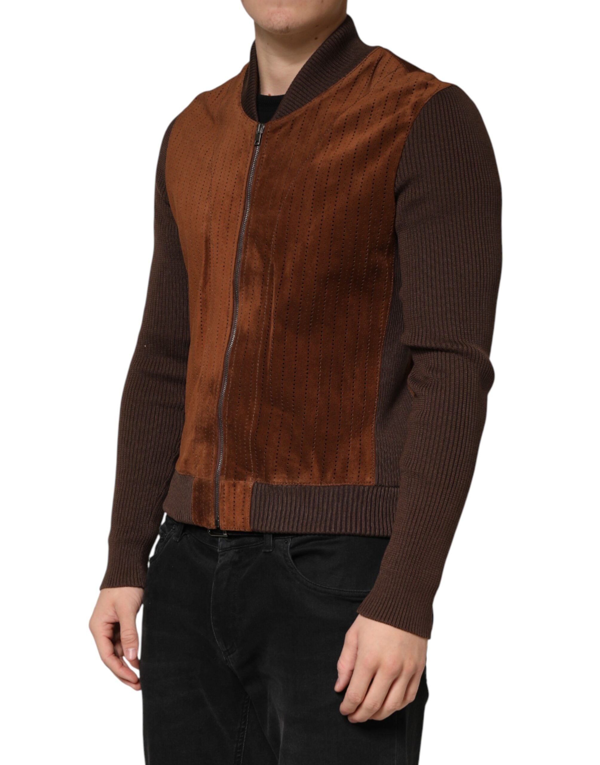 Dolce & Gabbana Brown Suede Calfskin Full Zip Biker Jacket-3