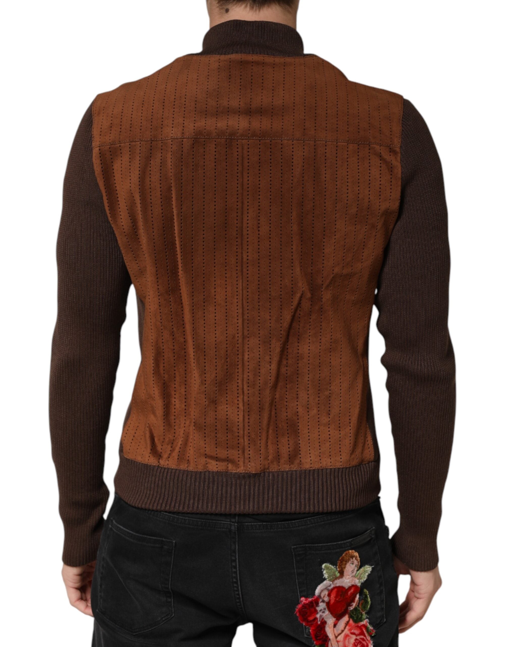 Dolce & Gabbana Brown Suede Calfskin Full Zip Biker Jacket-4