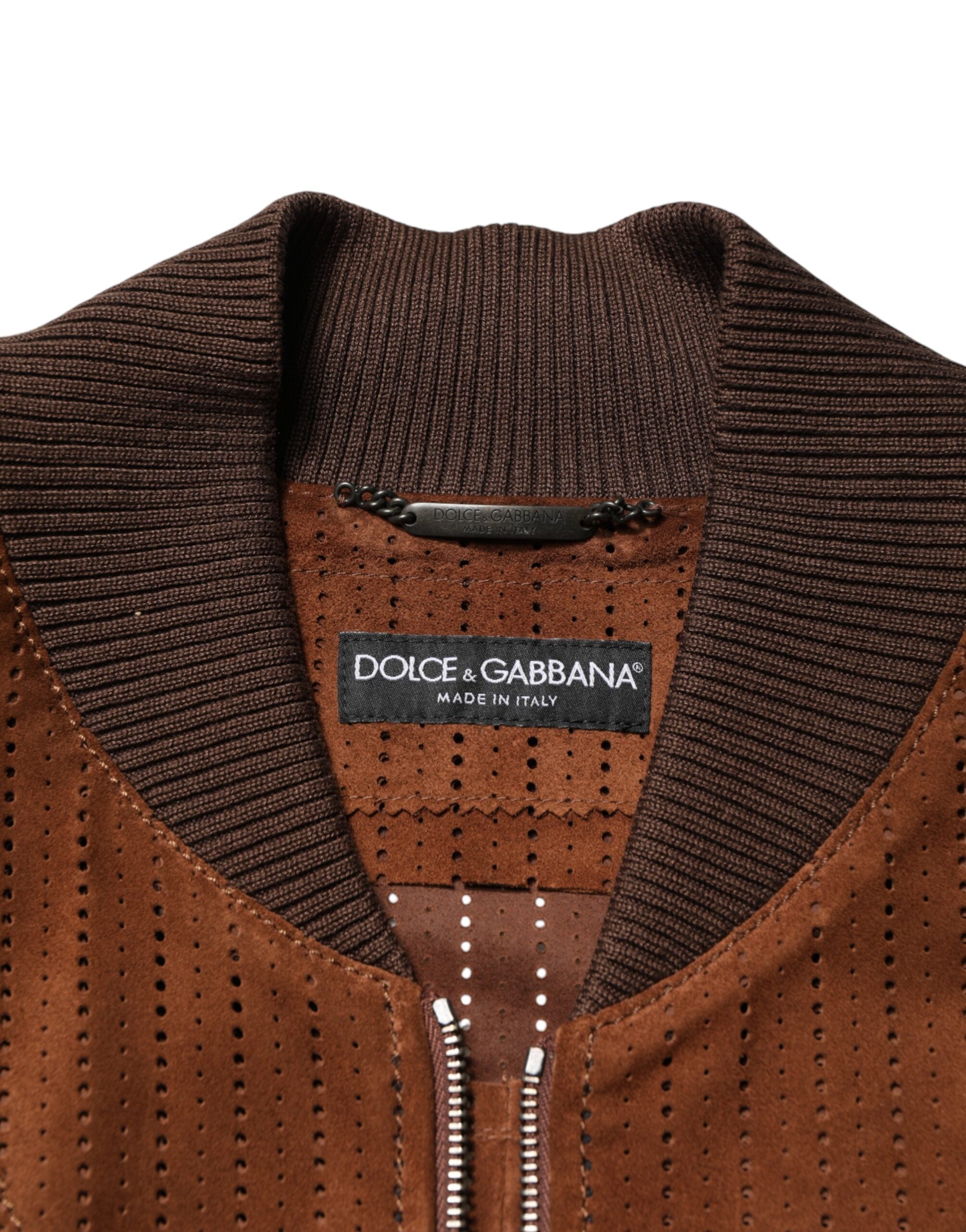 Dolce & Gabbana Brown Suede Calfskin Full Zip Biker Jacket-6
