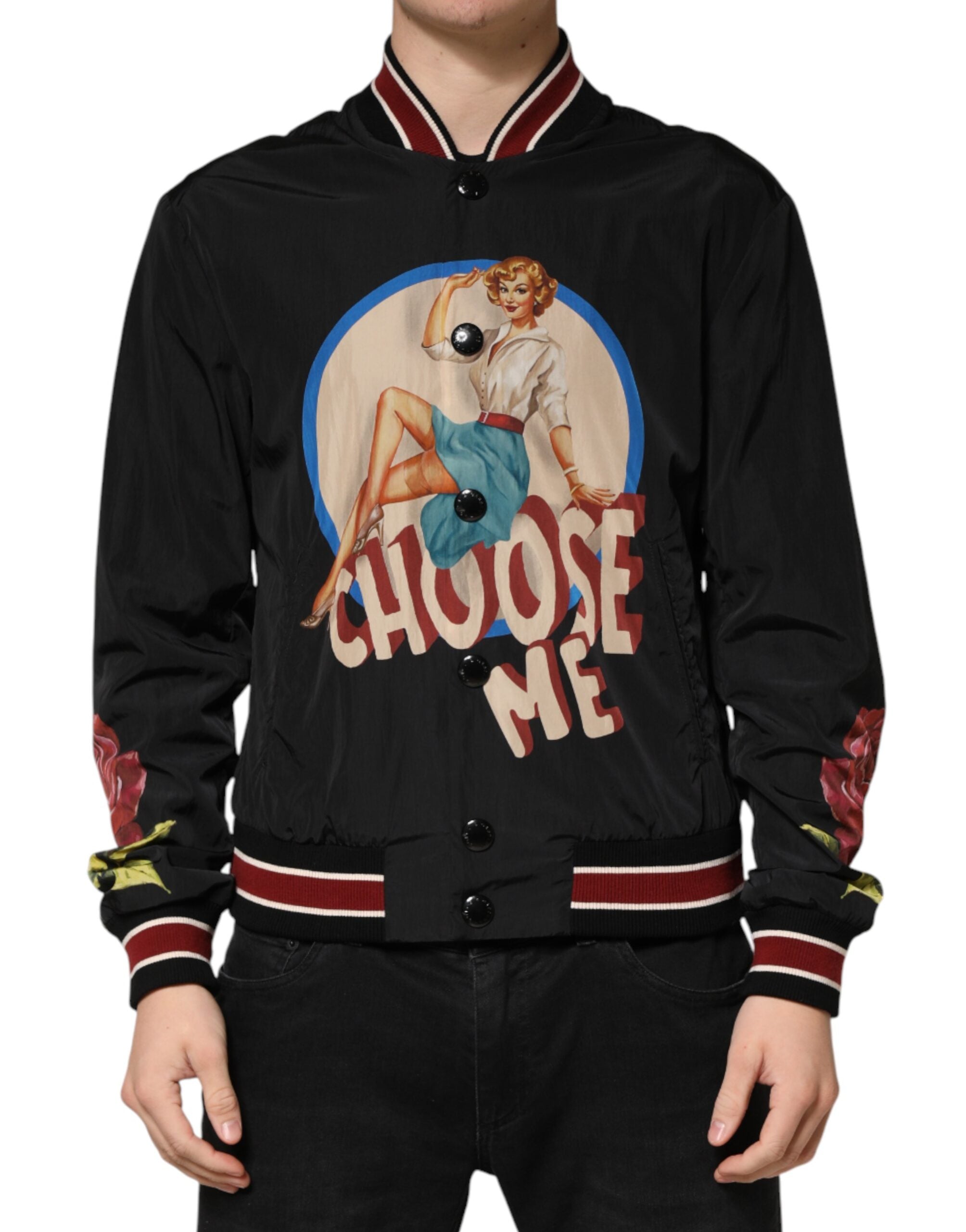 Dolce & Gabbana Men's Black Pin-Up Motif Bomber Jacket with Button Closure-2