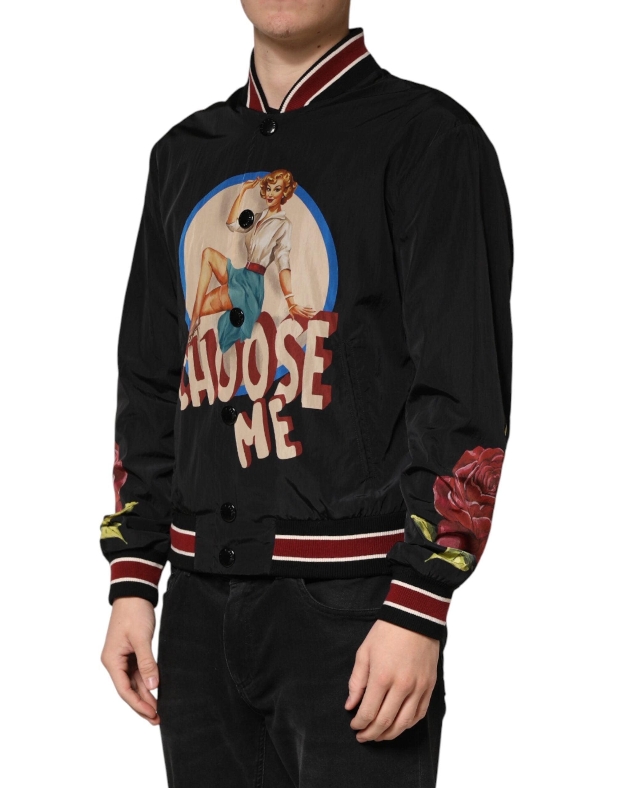 Dolce & Gabbana Men's Black Pin-Up Motif Bomber Jacket with Button Closure-3