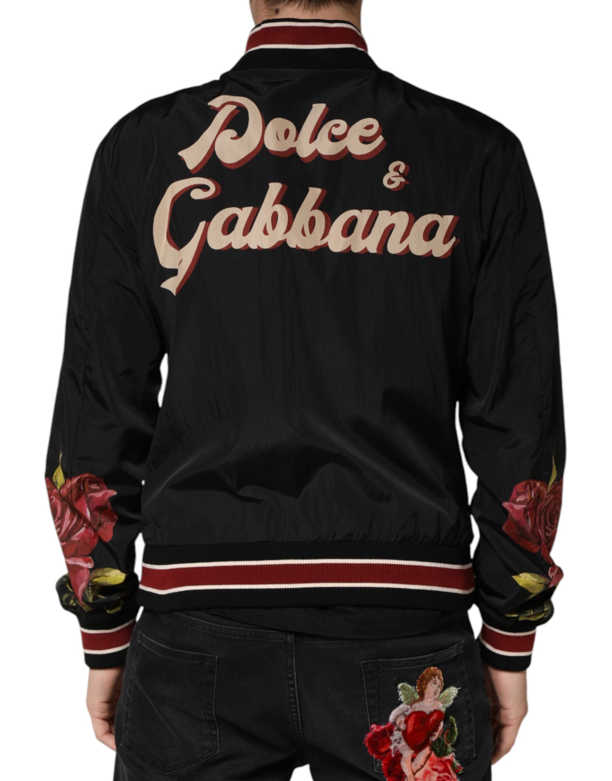 Dolce & Gabbana Men's Black Pin-Up Motif Bomber Jacket with Button Closure-4