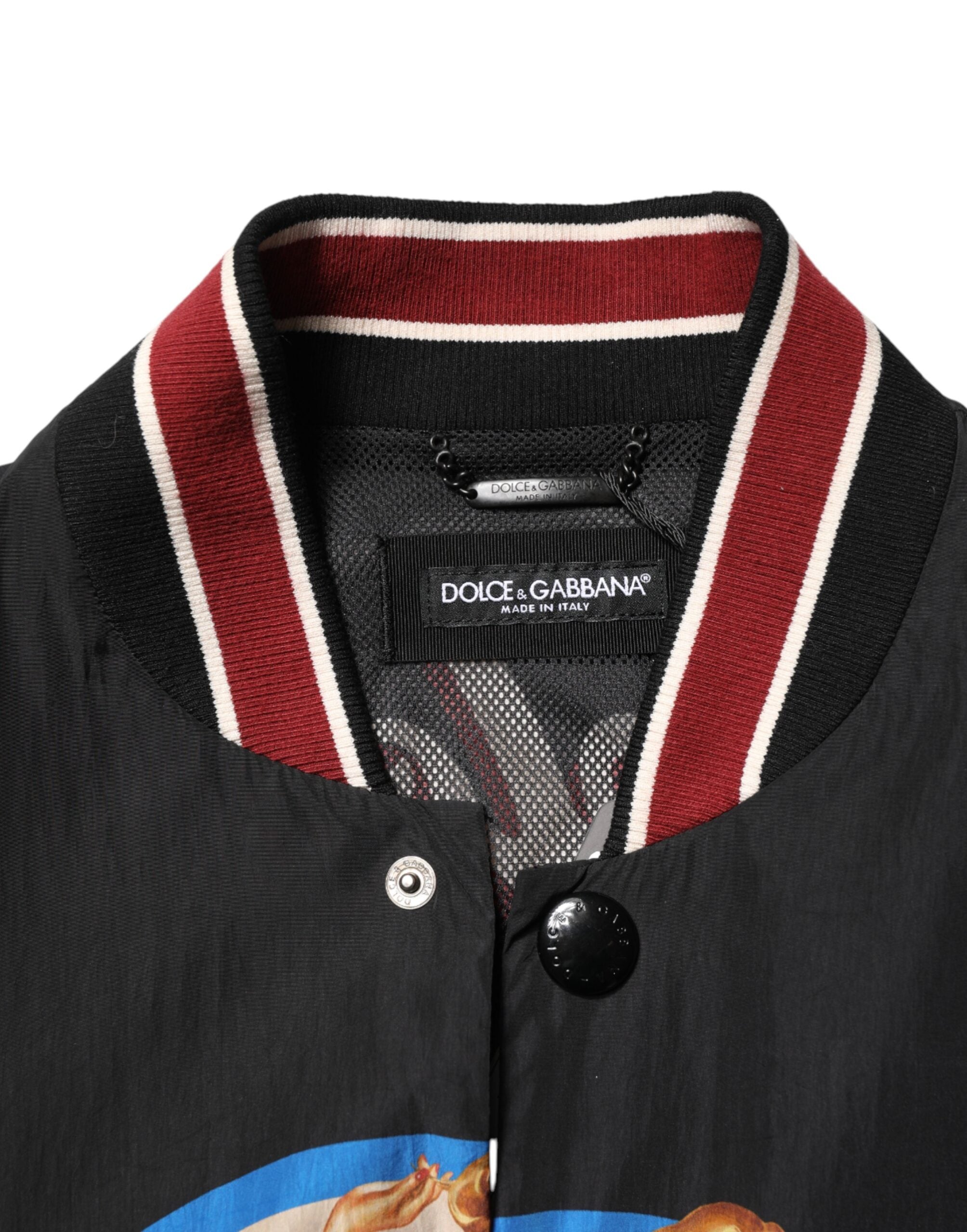 Dolce & Gabbana Men's Black Pin-Up Motif Bomber Jacket with Button Closure-6